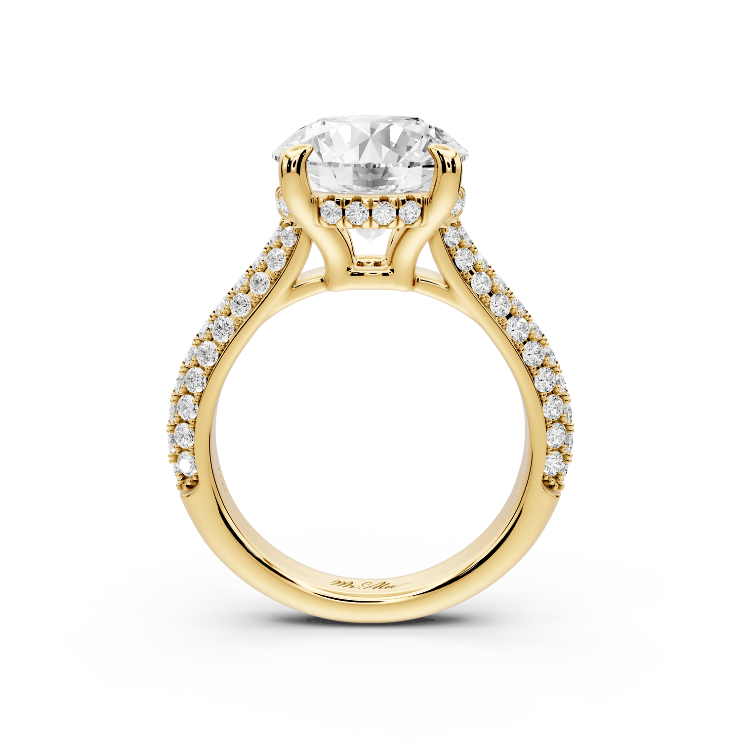 Camille - 4ct 18k yellow gold round Diamond hidden halo rollover pave cathedral engagment ring - Mr. Alex Jewelry