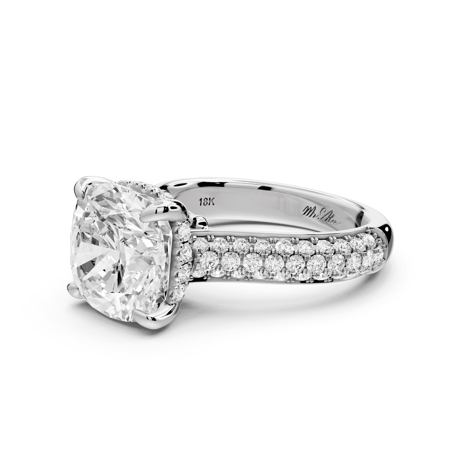 Camille - 4ct platinum cushion Diamond hidden halo rollover pave cathedral engagement ring - Mr. Alex Jewelry