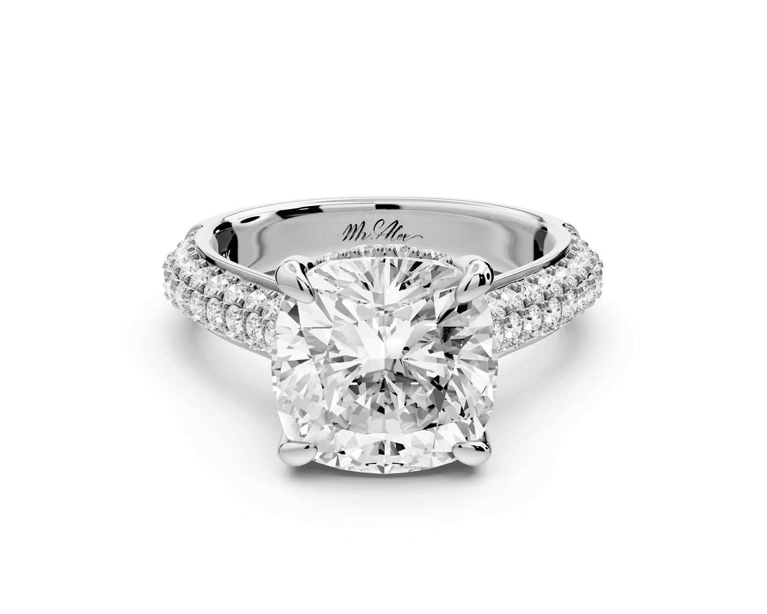 Camille - 4ct platinum cushion Diamond hidden halo rollover pave cathedral engagement ring - Mr. Alex Jewelry