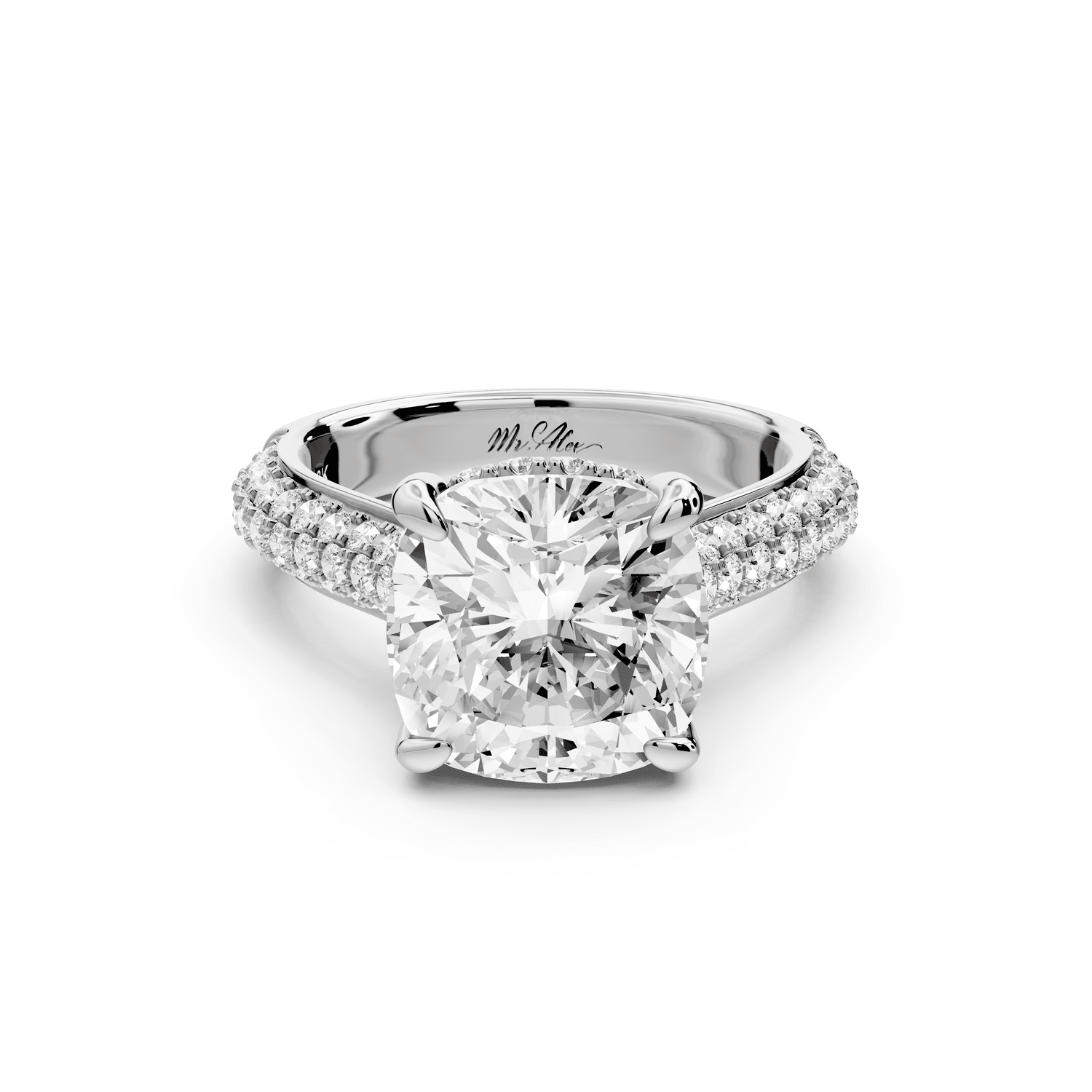 Camille - 4ct platinum cushion Diamond hidden halo rollover pave cathedral engagement ring - Mr. Alex Jewelry