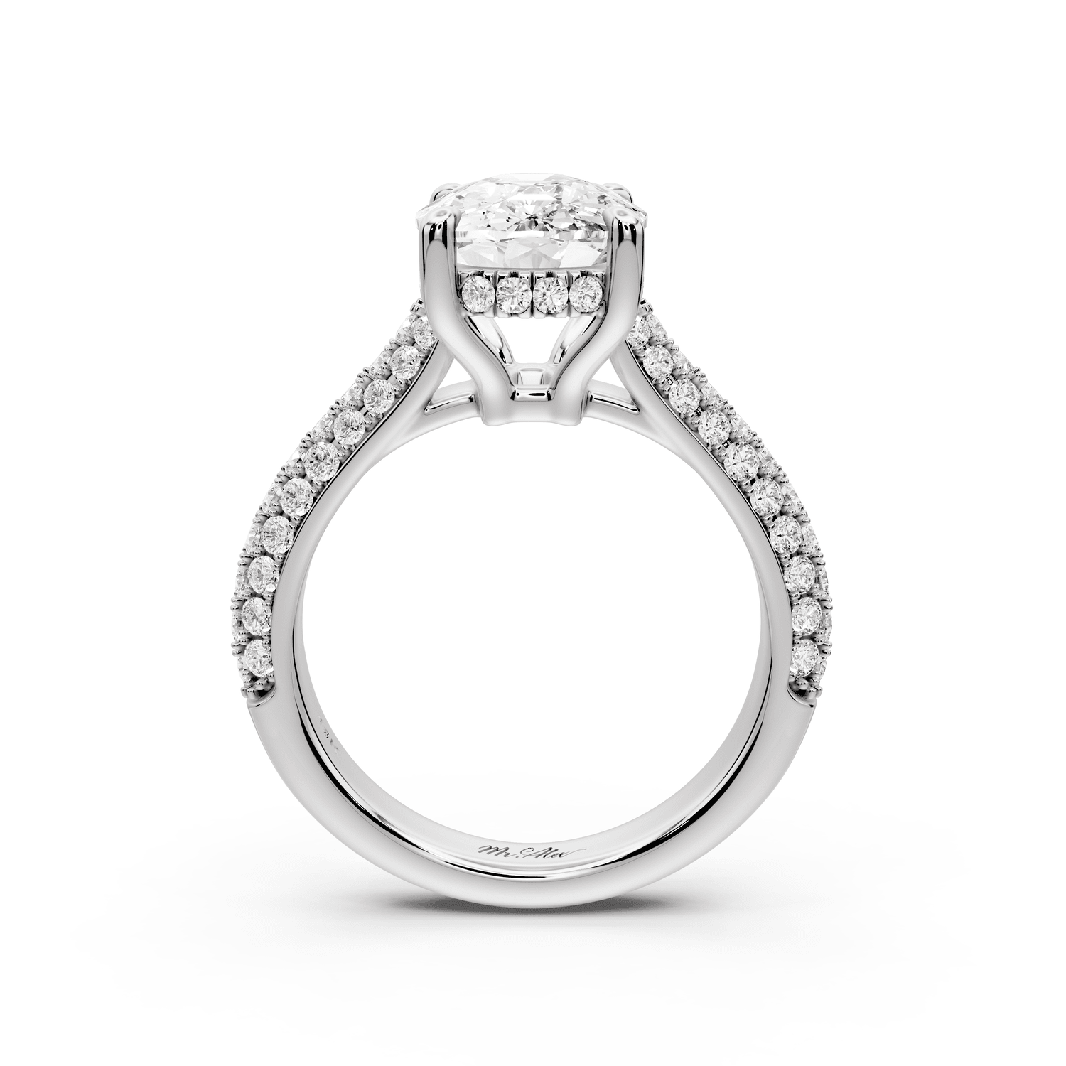 Camille - 4ct platinum ecushion Diamond hidden halo rollover pave cathedral engagement ring - Mr. Alex Jewelry