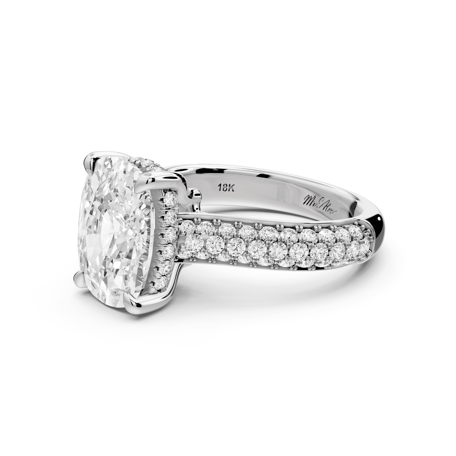 Camille - 4ct platinum ecushion Diamond hidden halo rollover pave cathedral engagement ring - Mr. Alex Jewelry