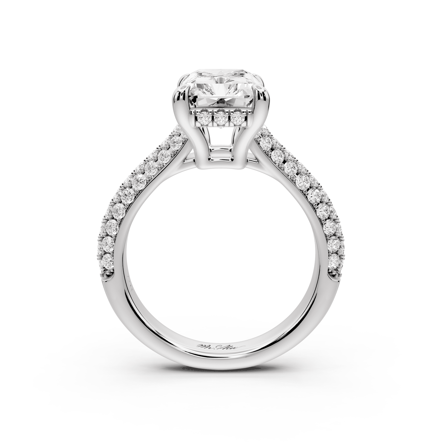 Camille - 4ct platinum radiant Diamond hidden halo rollover pave cathedral engagement ring - Mr. Alex Jewelry
