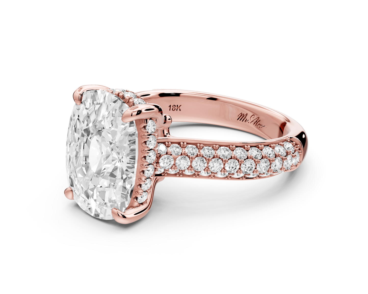 Camille - 5ct 14k rose gold ecushion Diamond hidden halo rollover pave cathedral engagement ring - Mr. Alex Jewelry