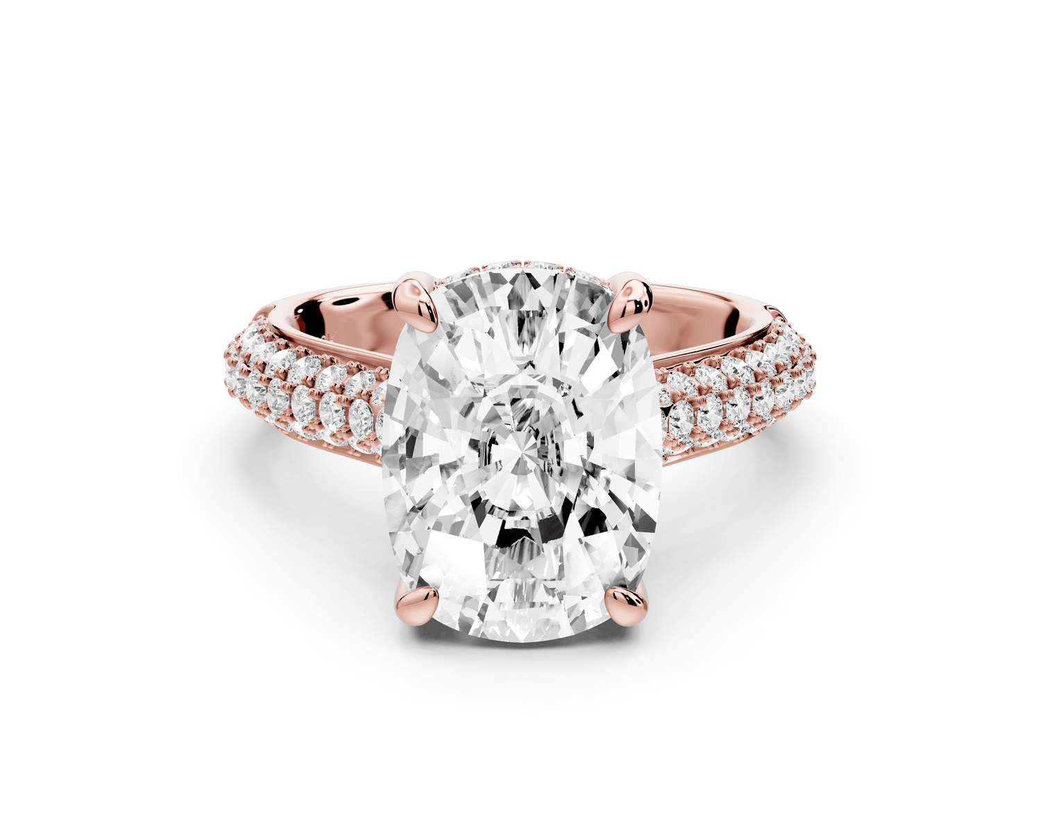 Camille - 5ct 14k rose gold ecushion Diamond hidden halo rollover pave cathedral engagement ring - Mr. Alex Jewelry