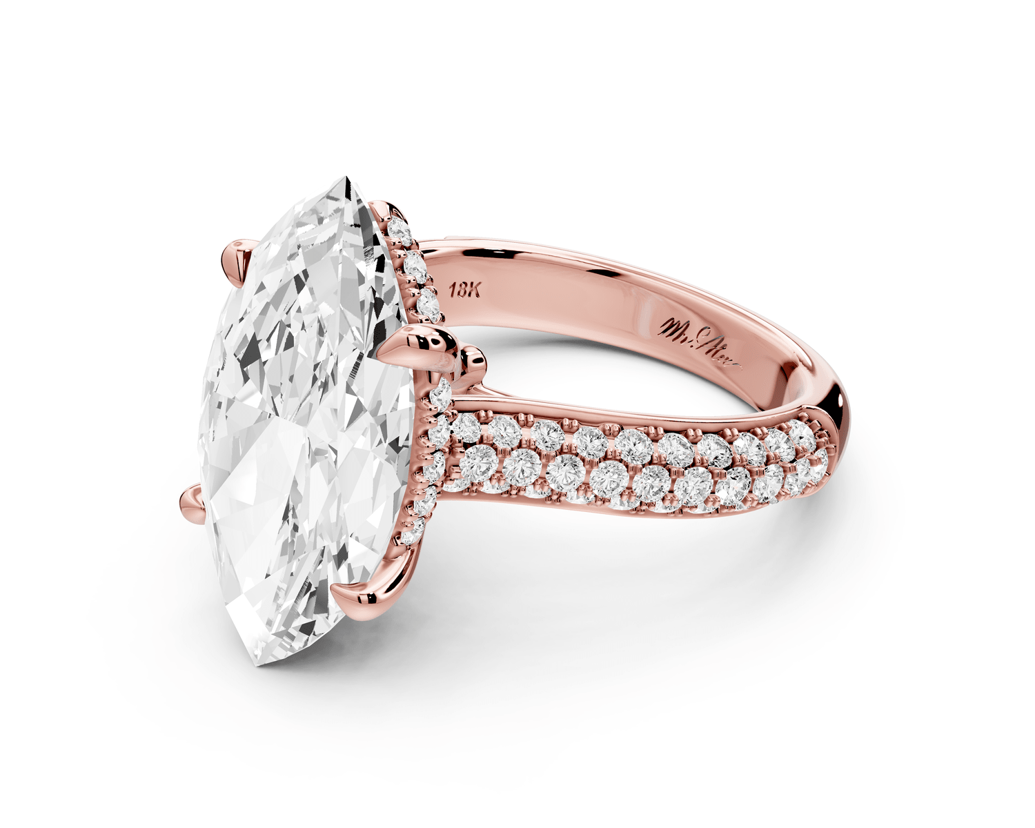 Camille - 5ct 14k rose gold marquise Diamond hidden halo rollover pave cathedral engagement ring - Mr. Alex Jewelry