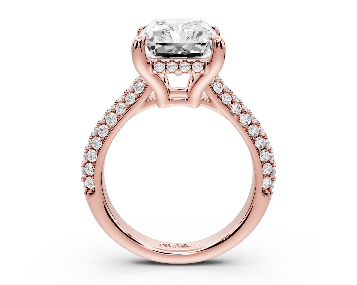 Camille - 5ct 14k rose gold radiant Diamond hidden halo rollover pave cathedral engagement ring - Mr. Alex Jewelry
