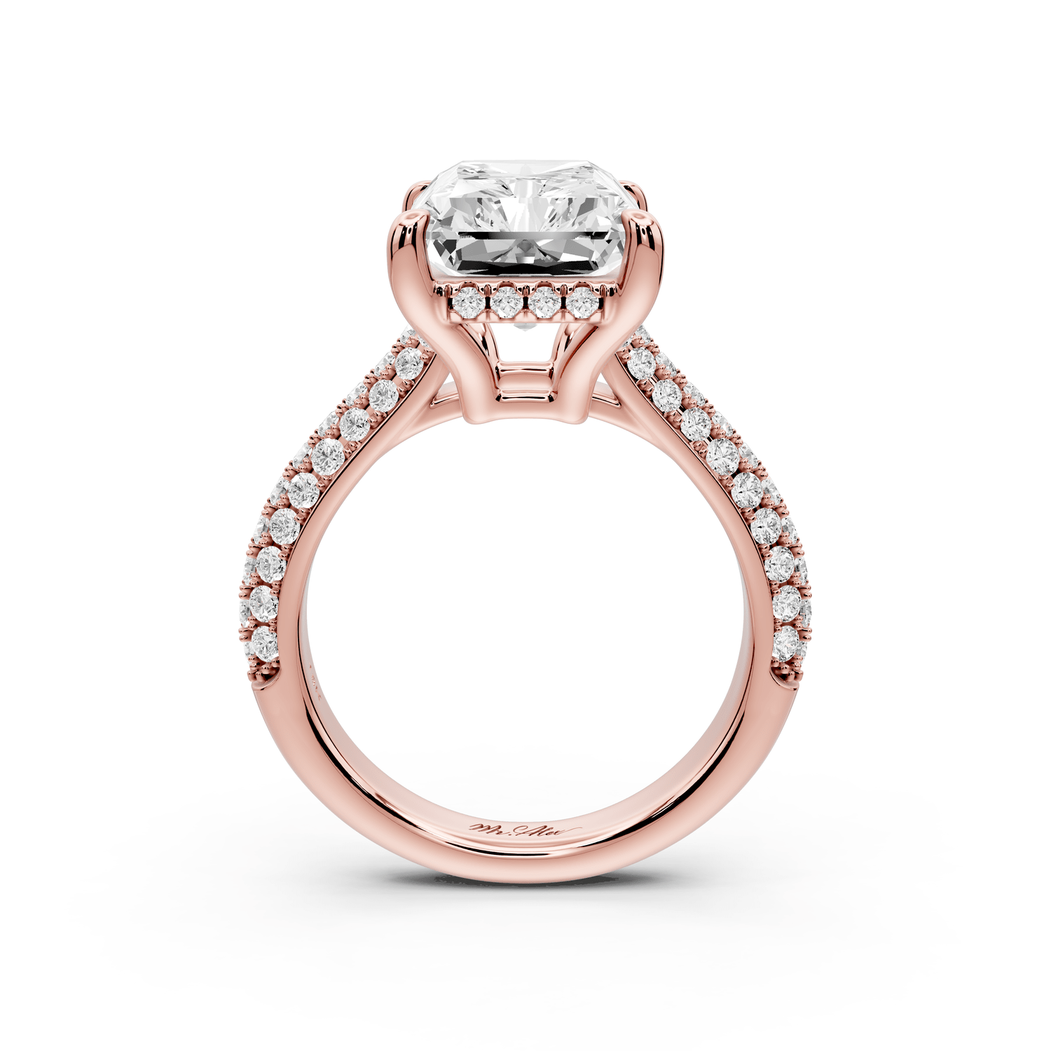 Camille - 5ct 14k rose gold radiant Diamond hidden halo rollover pave cathedral engagement ring - Mr. Alex Jewelry