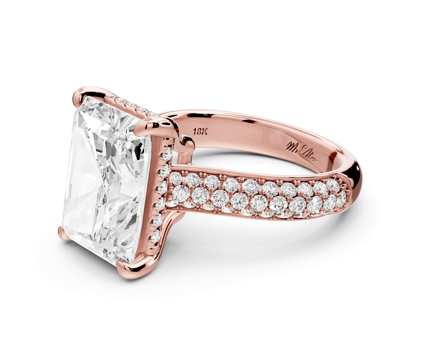 Camille - 5ct 14k rose gold radiant Diamond hidden halo rollover pave cathedral engagement ring - Mr. Alex Jewelry