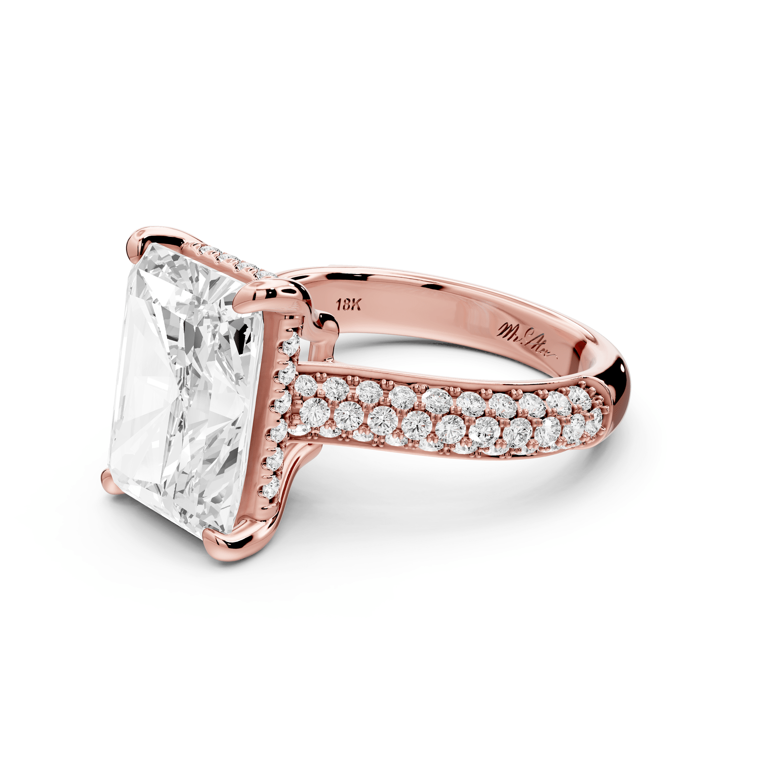 Camille - 5ct 14k rose gold radiant Diamond hidden halo rollover pave cathedral engagement ring - Mr. Alex Jewelry