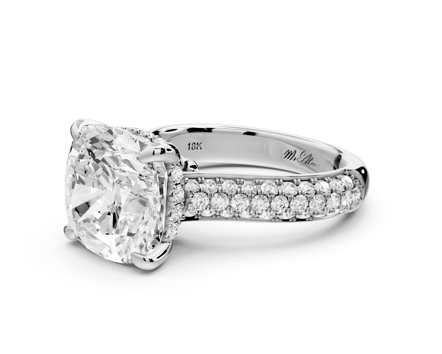 Camille - 5ct 14k white gold cushion Diamond hidden halo rollover pave cathedral engagement ring - Mr. Alex Jewelry