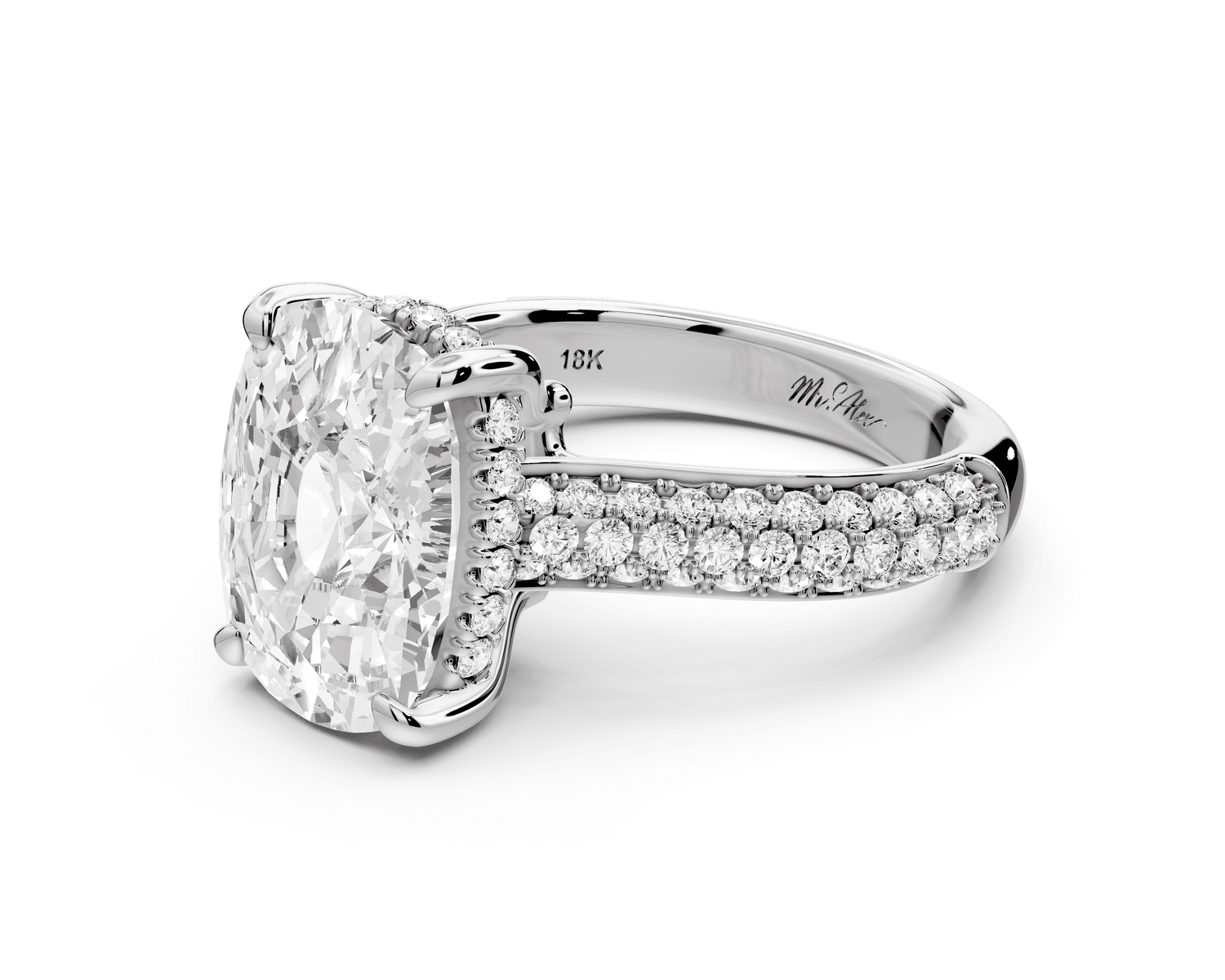 Camille - 5ct 14k white gold ecushion Diamond hidden halo rollover pave cathedral engagement ring - Mr. Alex Jewelry