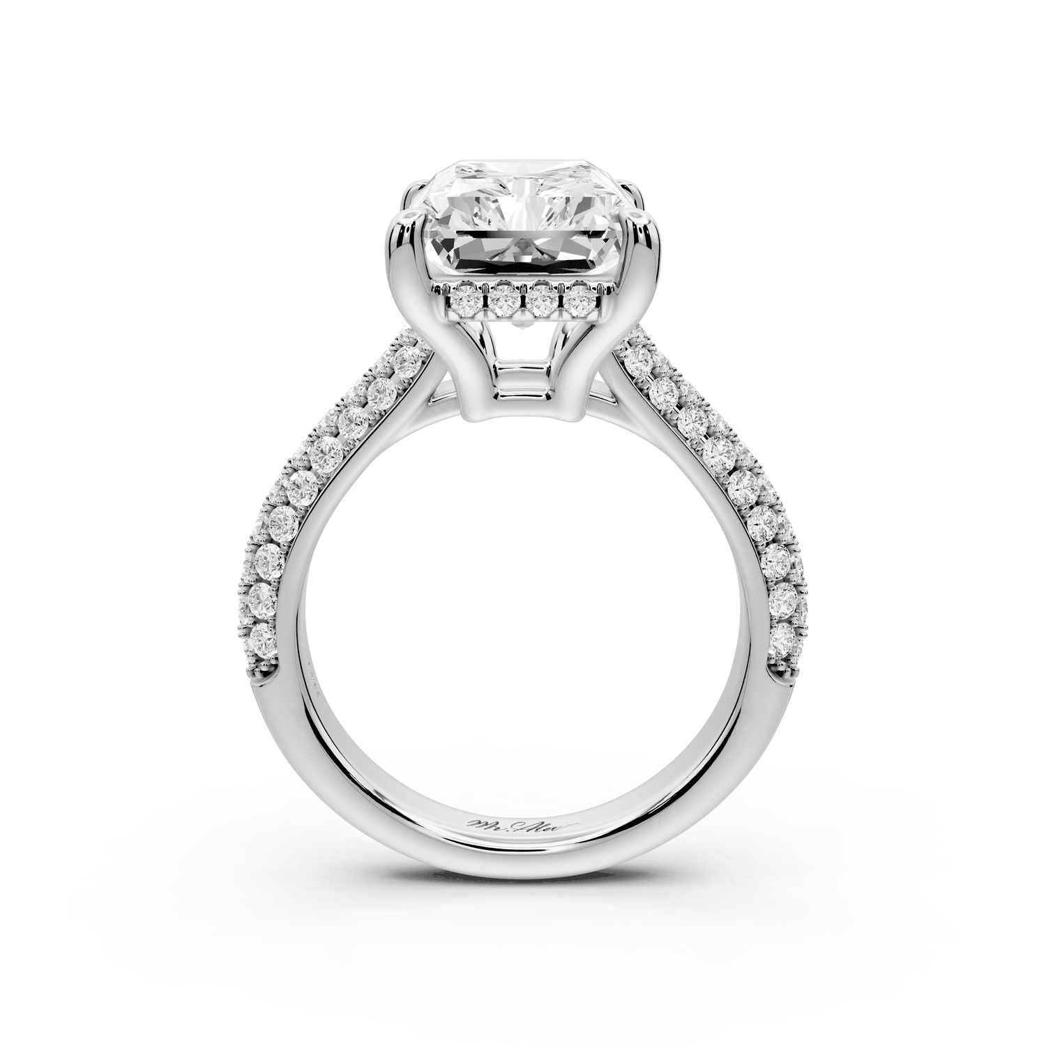 Camille - 5ct 14k white gold radiant Diamond hidden halo rollover pave cathedral engagement ring - Mr. Alex Jewelry