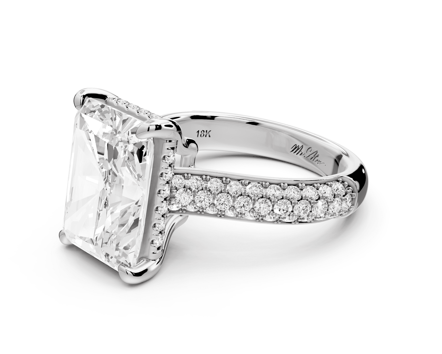 Camille - 5ct 14k white gold radiant Diamond hidden halo rollover pave cathedral engagement ring - Mr. Alex Jewelry