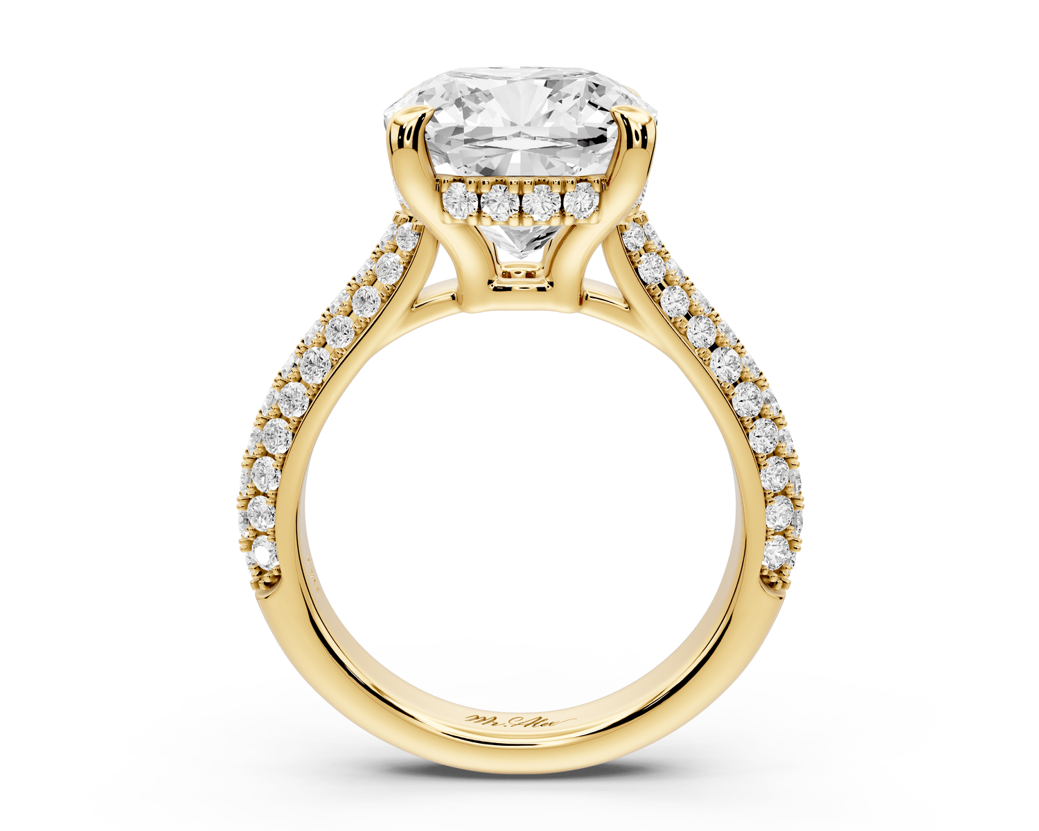 Camille - 5ct 14k yellow gold cushion Diamond hidden halo rollover pave cathedral engagement ring - Mr. Alex Jewelry