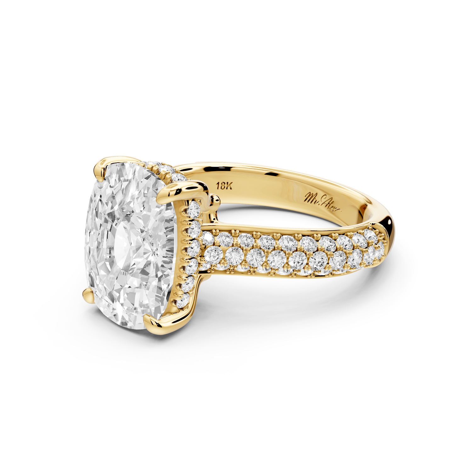 Camille - 5ct 14k yellow gold ecushion Diamond hidden halo rollover pave cathedral engagement ring - Mr. Alex Jewelry