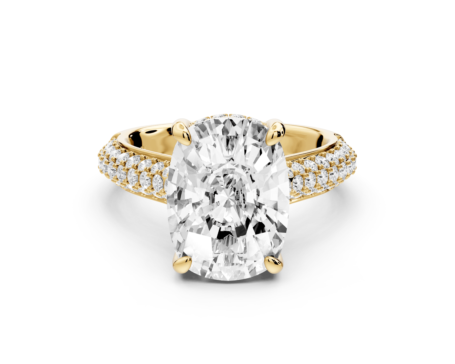 Camille - 5ct 14k yellow gold ecushion Diamond hidden halo rollover pave cathedral engagement ring - Mr. Alex Jewelry