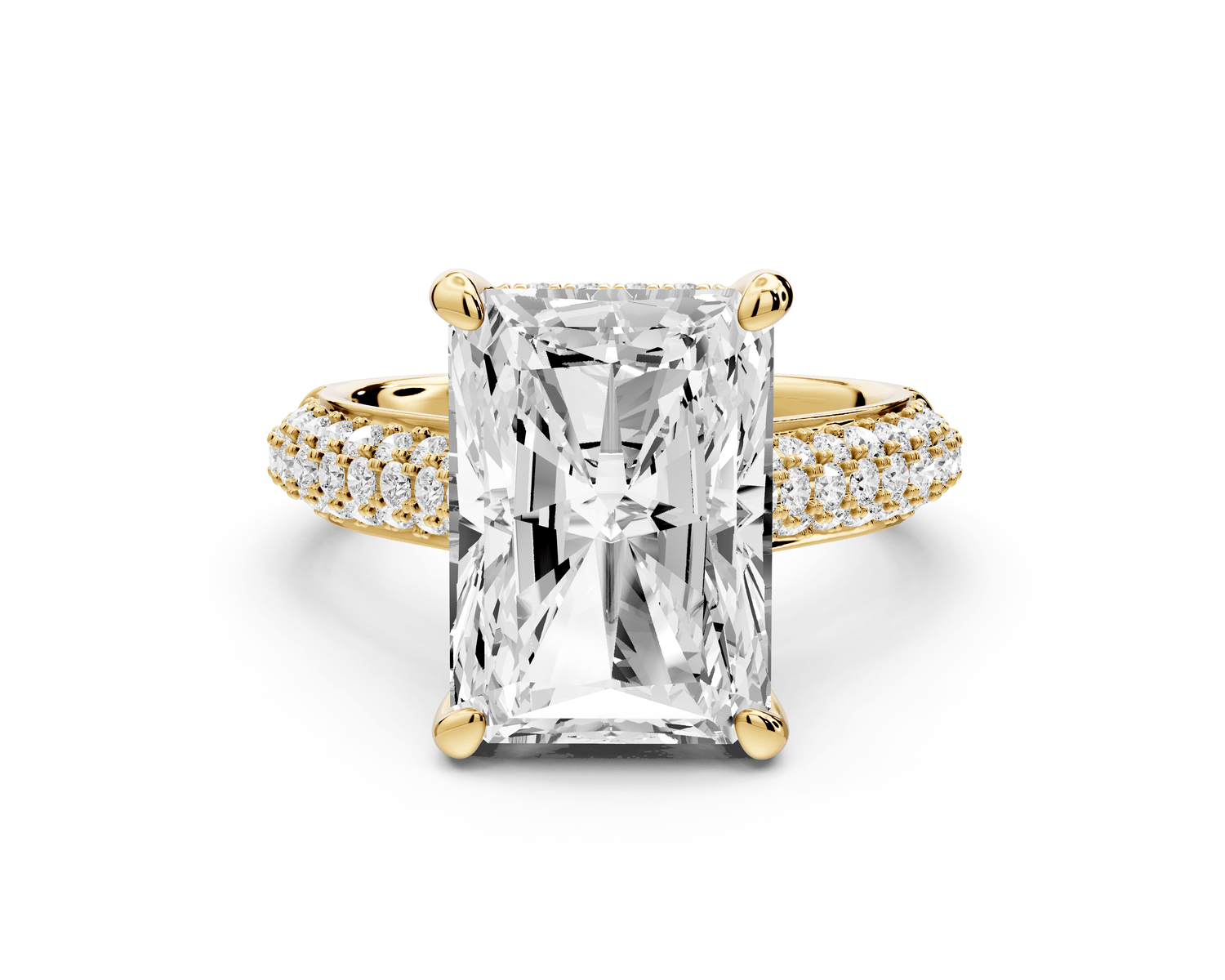 Camille - 5ct 14k yellow gold radiant Diamond hidden halo rollover pave cathedral engagement ring - Mr. Alex Jewelry