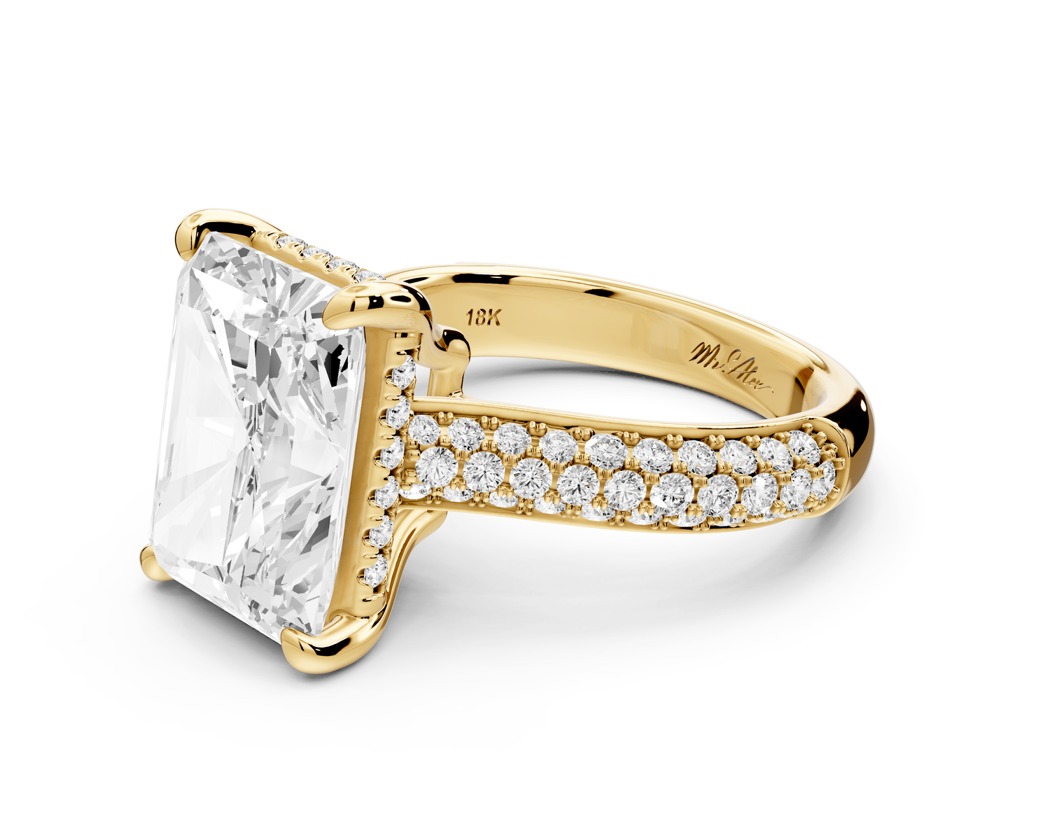 Camille - 5ct 14k yellow gold radiant Diamond hidden halo rollover pave cathedral engagement ring - Mr. Alex Jewelry