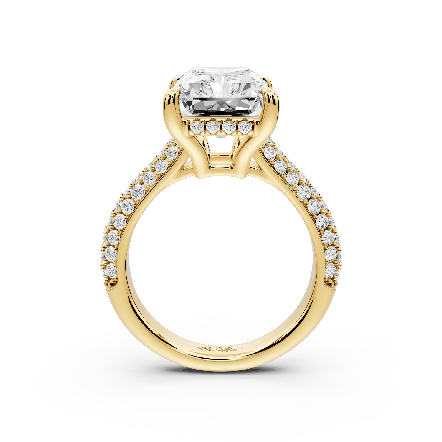 Camille - 5ct 14k yellow gold radiant Diamond hidden halo rollover pave cathedral engagement ring - Mr. Alex Jewelry