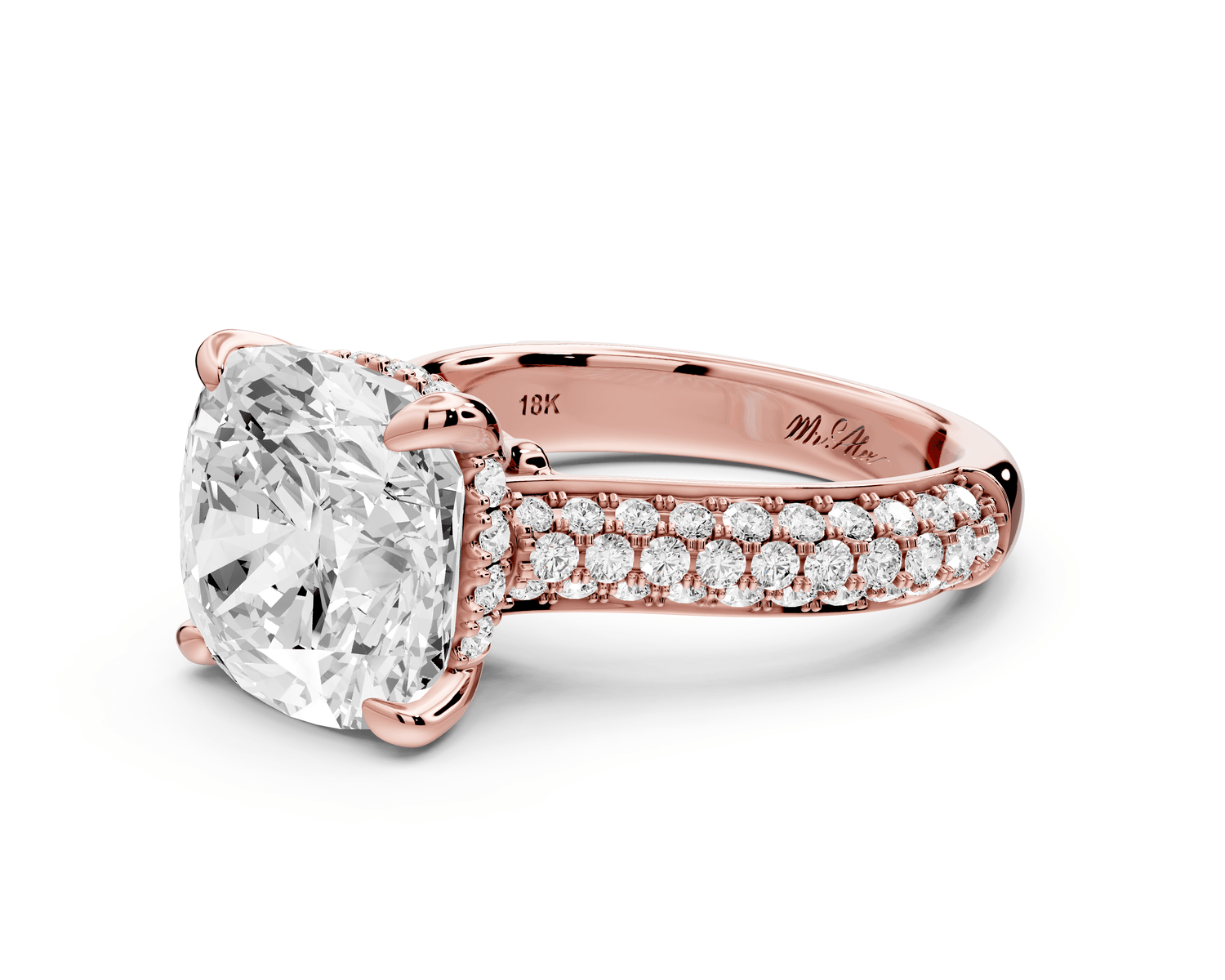 Camille - 5ct 18k rose gold cushion Diamond hidden halo rollover pave cathedral engagement ring - Mr. Alex Jewelry