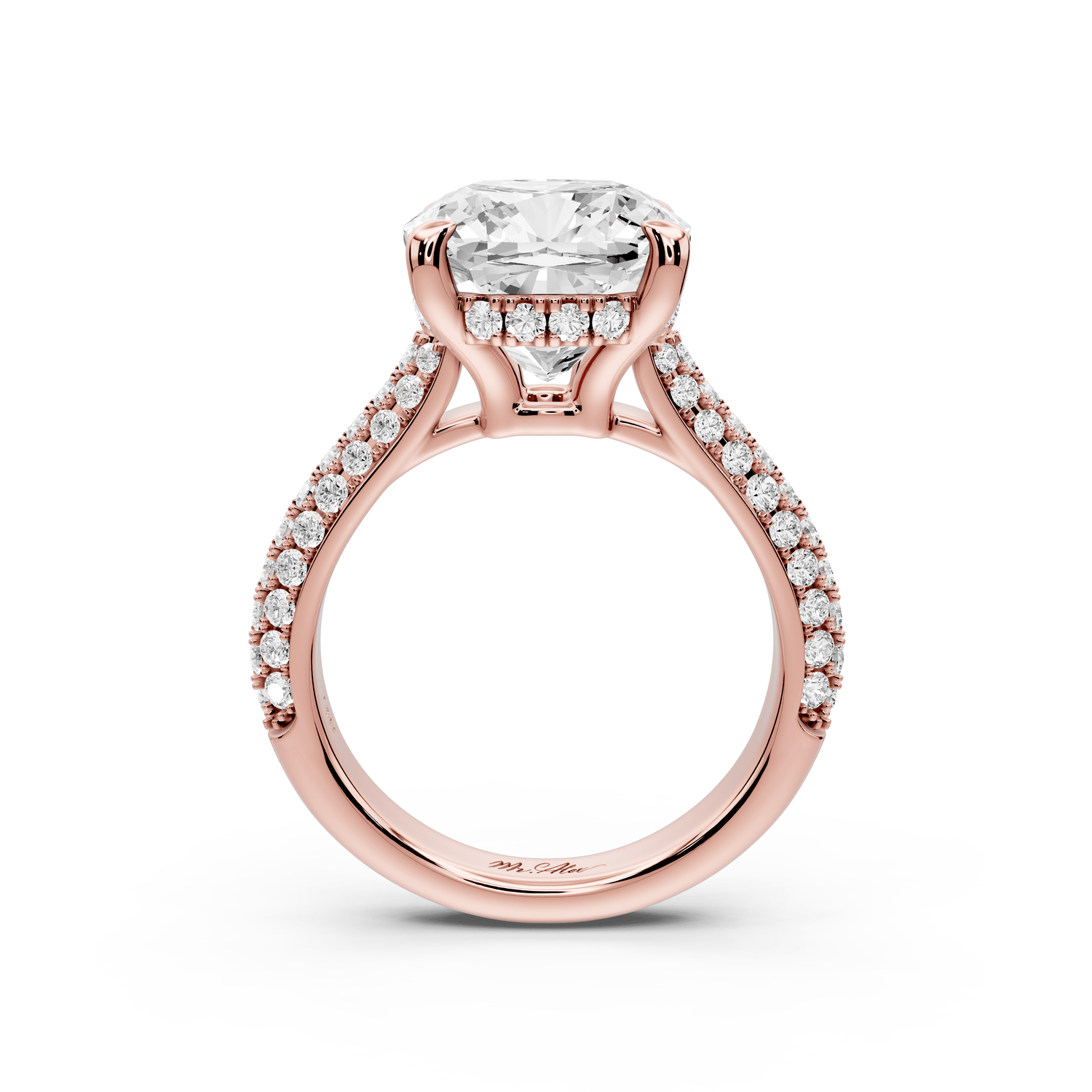 Camille - 5ct 18k rose gold cushion Diamond hidden halo rollover pave cathedral engagement ring - Mr. Alex Jewelry
