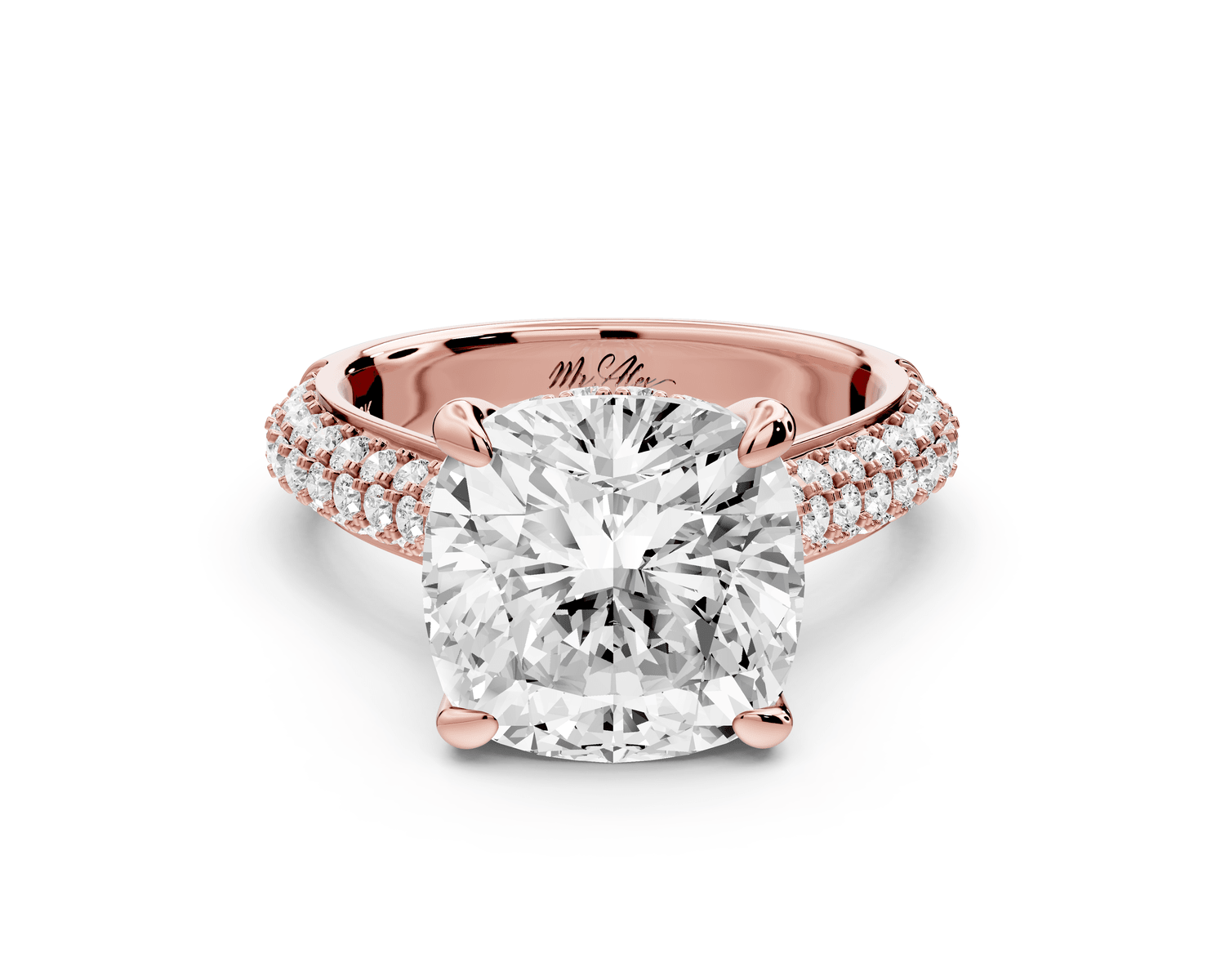 Camille - 5ct 18k rose gold cushion Diamond hidden halo rollover pave cathedral engagement ring - Mr. Alex Jewelry