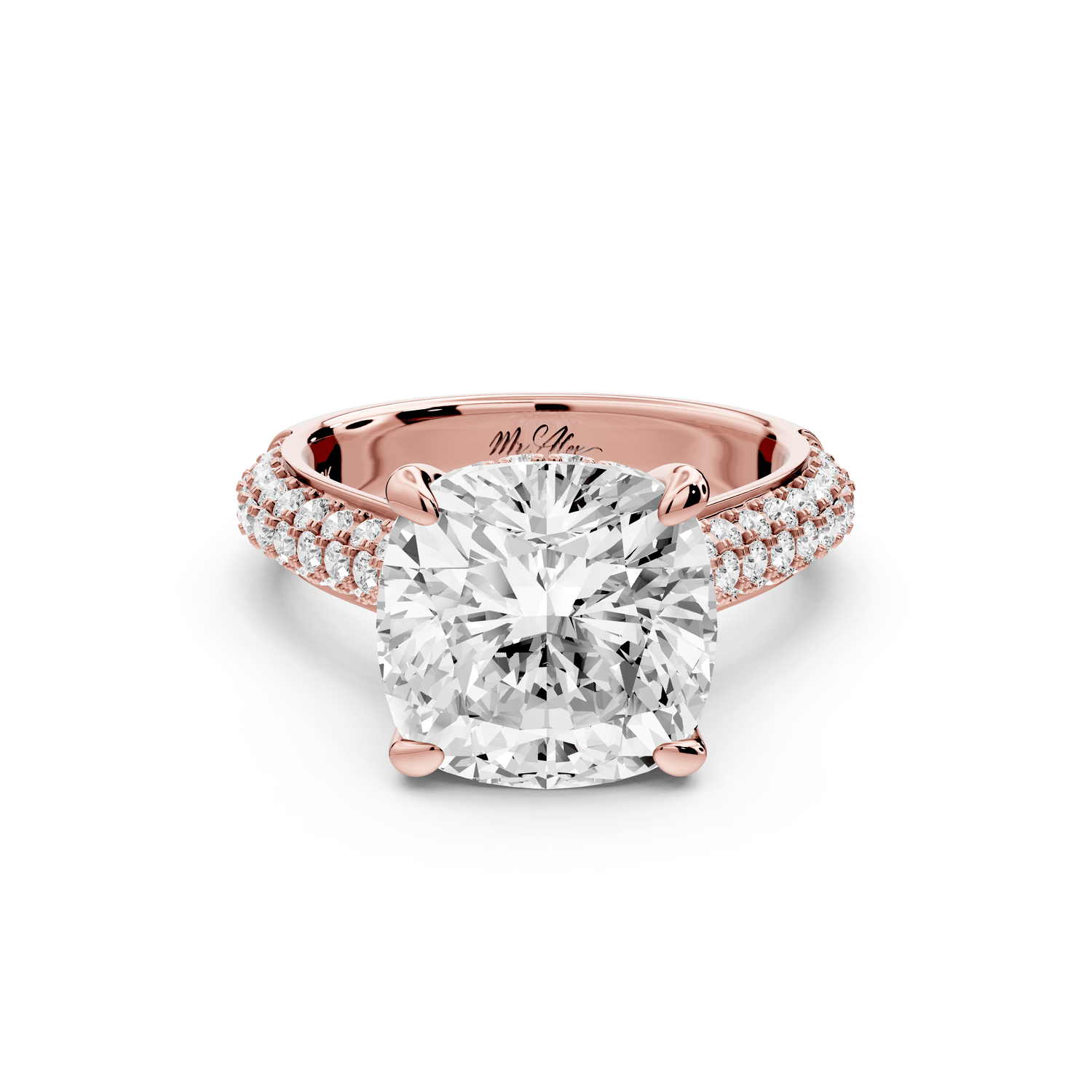 Camille - 5ct 18k rose gold cushion Diamond hidden halo rollover pave cathedral engagement ring - Mr. Alex Jewelry