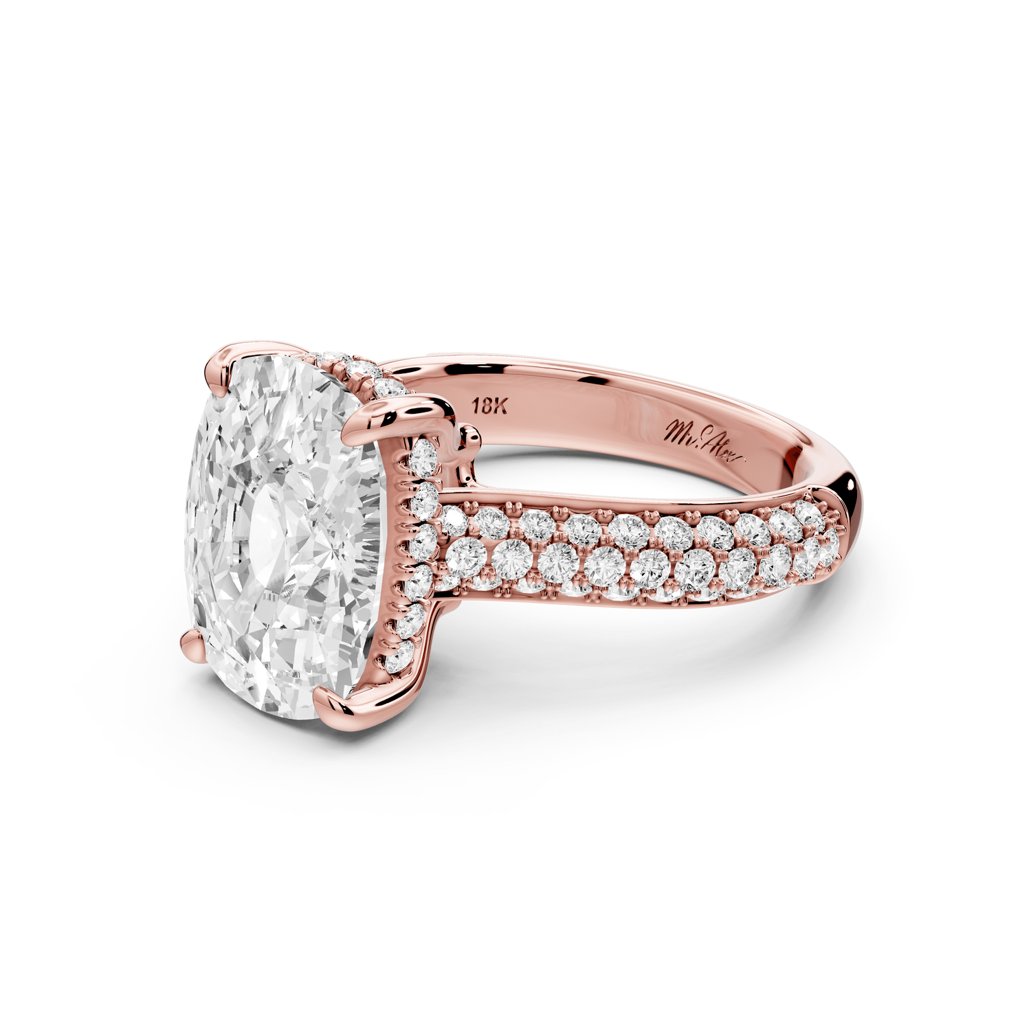 Camille - 5ct 18k rose gold ecushion Diamond hidden halo rollover pave cathedral engagement ring - Mr. Alex Jewelry