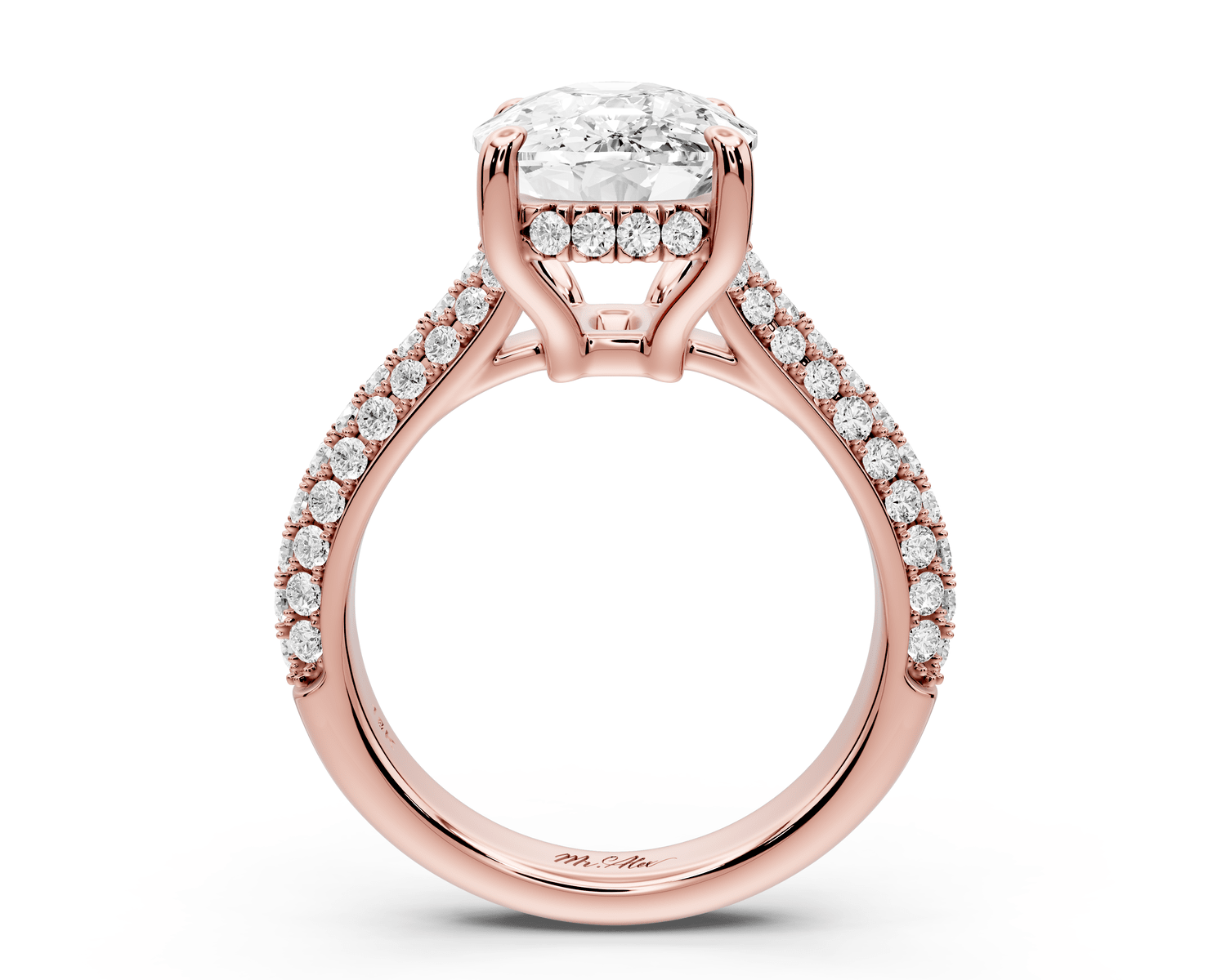 Camille - 5ct 18k rose gold ecushion Diamond hidden halo rollover pave cathedral engagement ring - Mr. Alex Jewelry