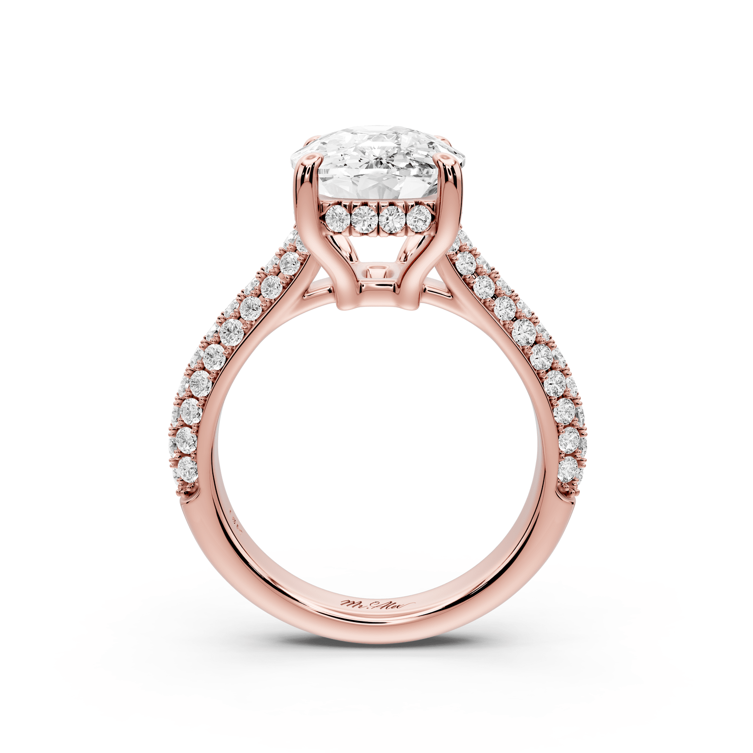 Camille - 5ct 18k rose gold ecushion Diamond hidden halo rollover pave cathedral engagement ring - Mr. Alex Jewelry