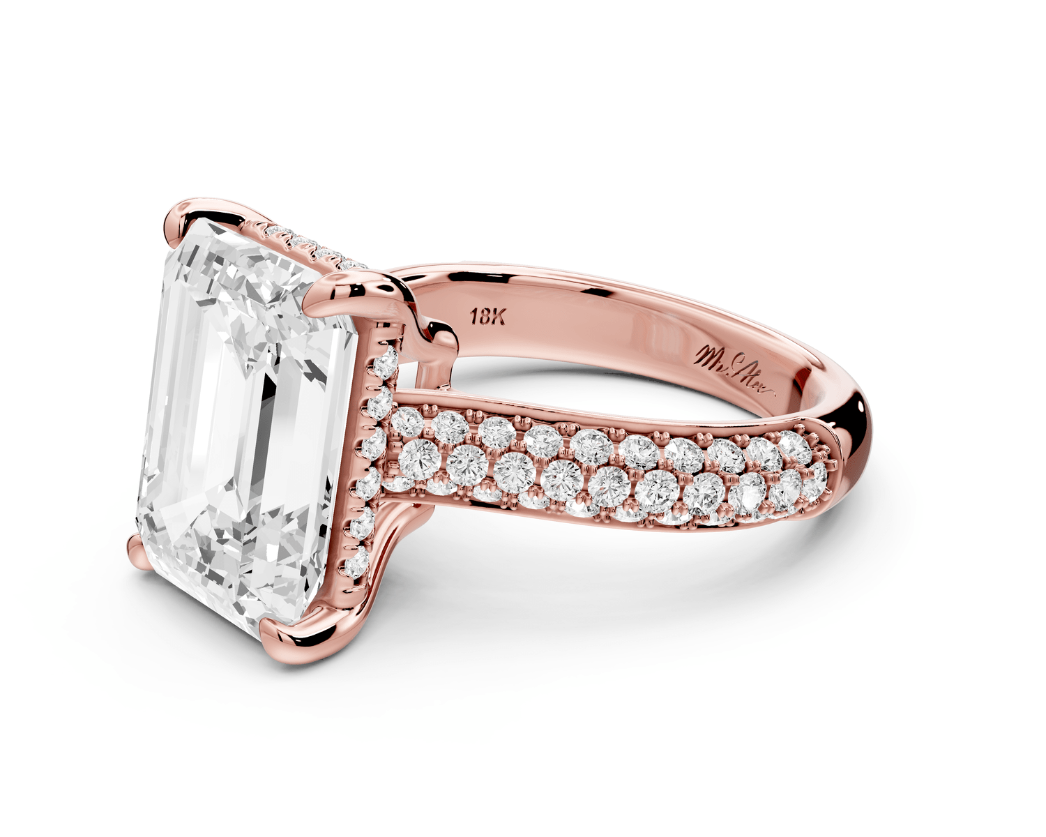 Camille - 5ct 18k rose gold emerald Diamond hidden halo rollover pave cathedral Engagement ring - Mr. Alex Jewelry