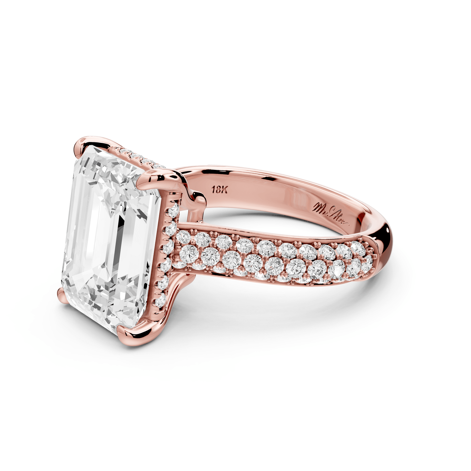 Camille - 5ct 18k rose gold emerald Diamond hidden halo rollover pave cathedral Engagement ring - Mr. Alex Jewelry