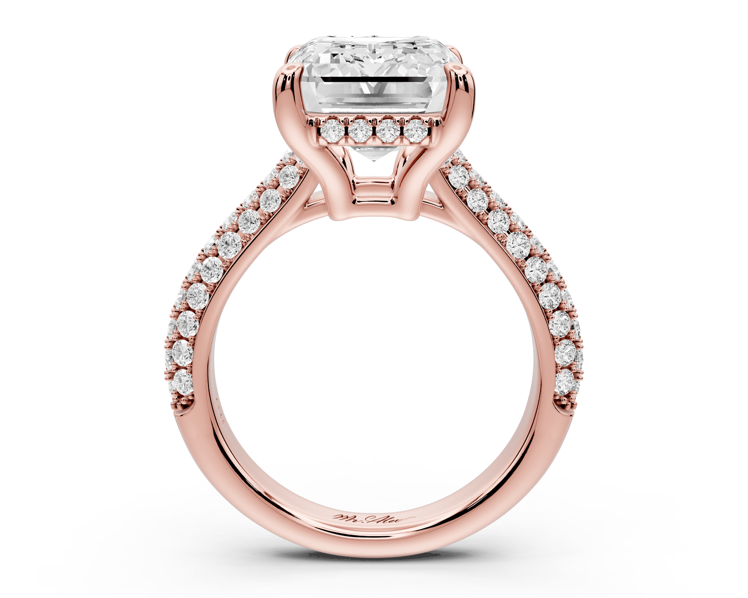 Camille - 5ct 18k rose gold emerald Diamond hidden halo rollover pave cathedral Engagement ring - Mr. Alex Jewelry