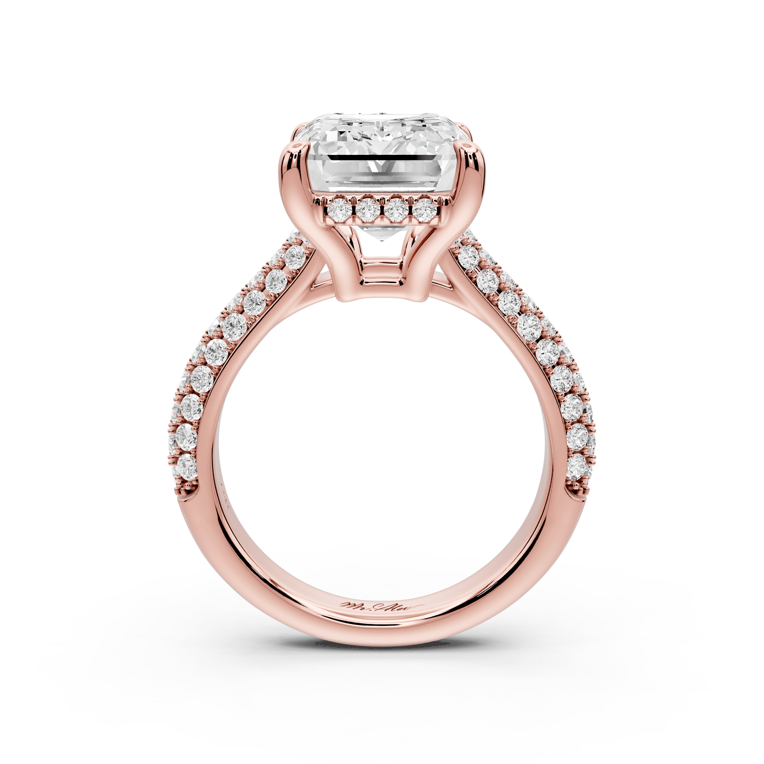 Camille - 5ct 18k rose gold emerald Diamond hidden halo rollover pave cathedral Engagement ring - Mr. Alex Jewelry