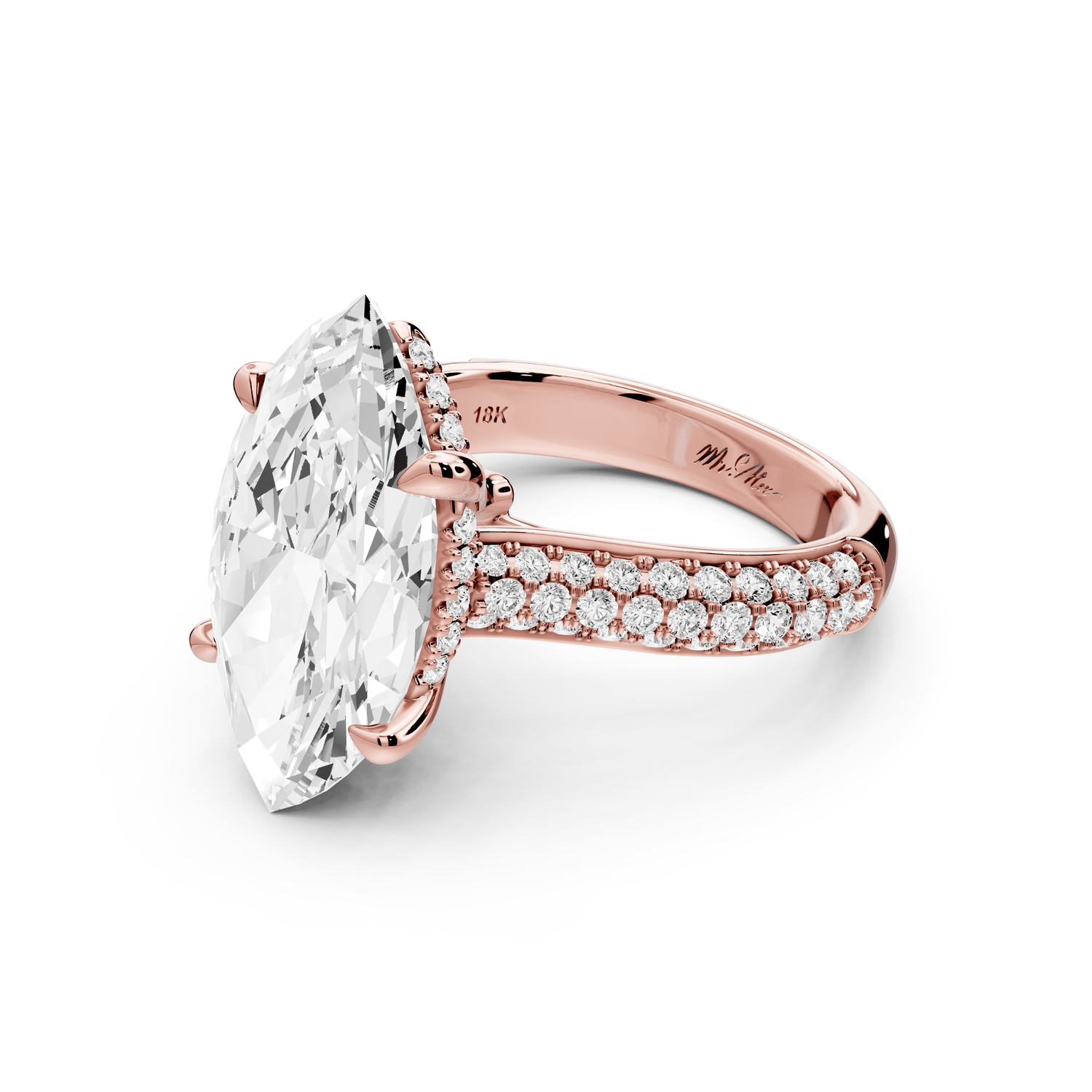 Camille - 5ct 18k rose gold marquise Diamond hidden halo rollover pave cathedral engagement ring - Mr. Alex Jewelry