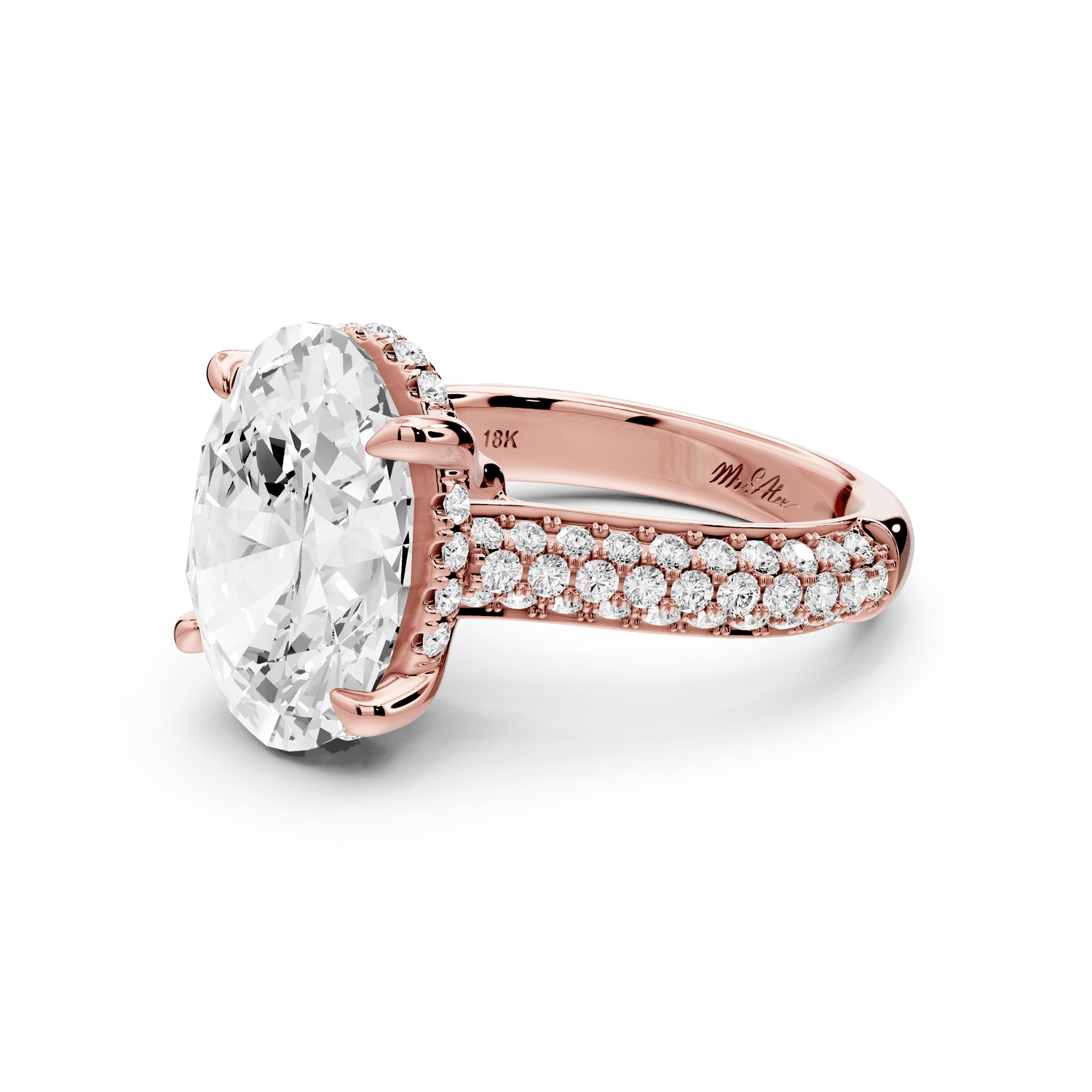 Camille - 5ct 18k rose gold oval Diamond hidden halo rollover pave cathedral Engagement ring - Mr. Alex Jewelry