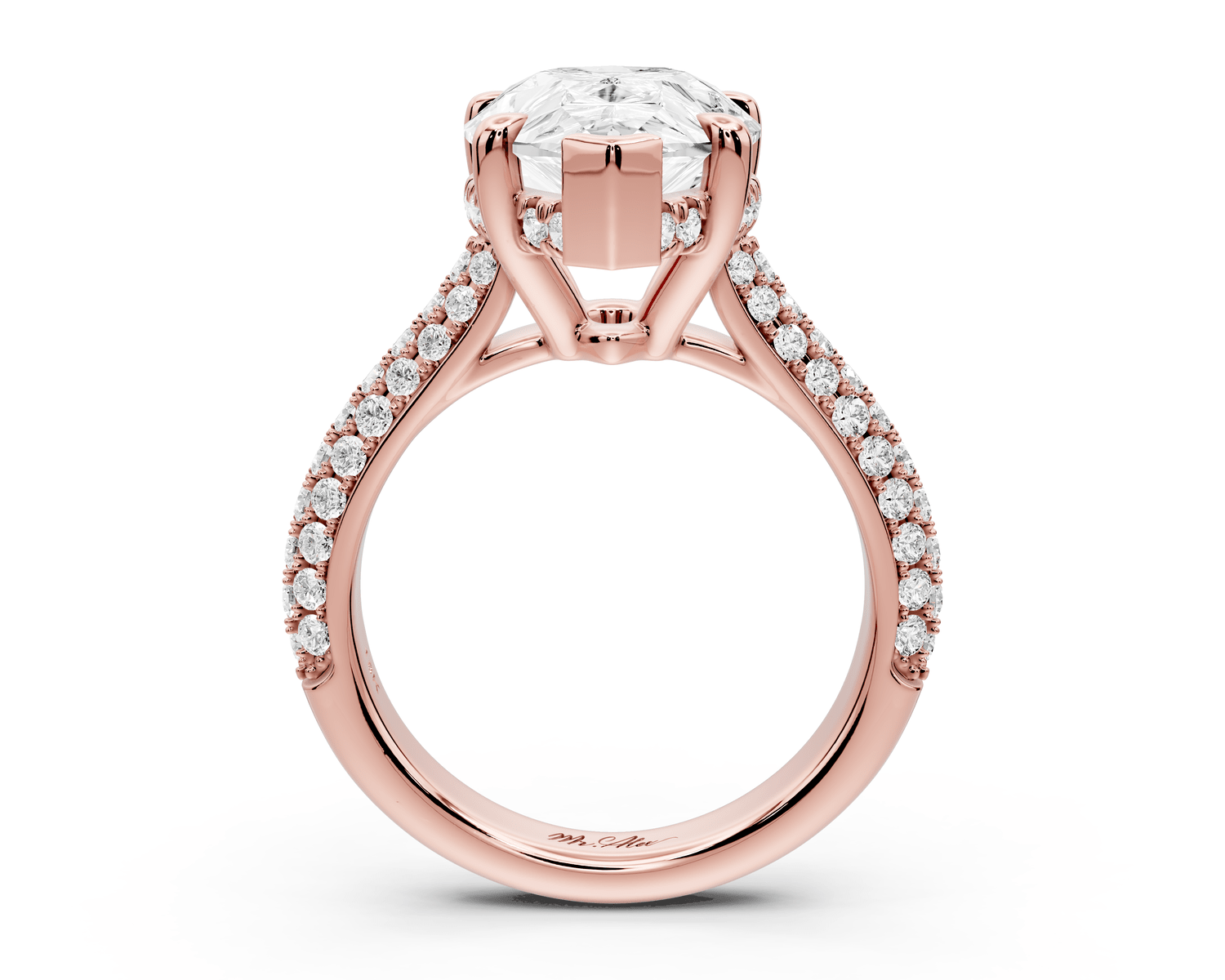 Camille - 5ct 18k rose gold pear Diamond hidden halo rollover pave cathedral Engagement ring - Mr. Alex Jewelry