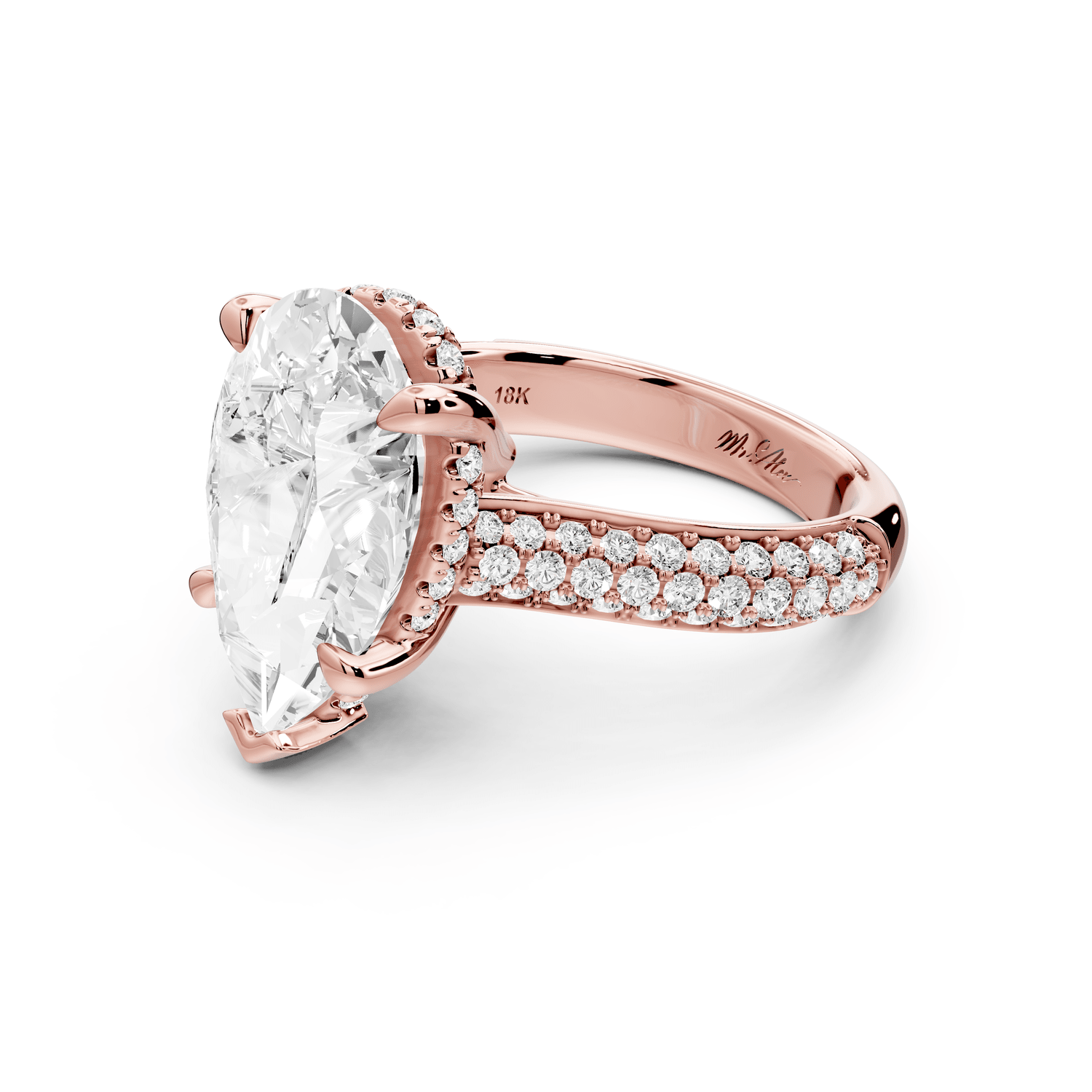 Camille - 5ct 18k rose gold pear Diamond hidden halo rollover pave cathedral Engagement ring - Mr. Alex Jewelry