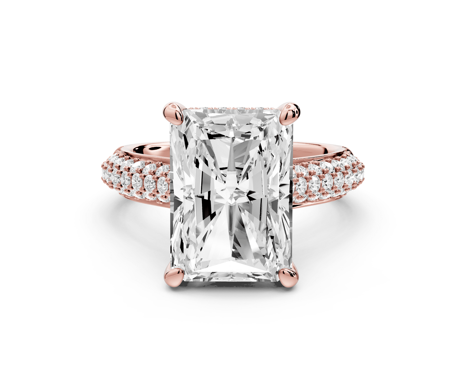 Camille - 5ct 18k rose gold radiant Diamond hidden halo rollover pave cathedral engagement ring - Mr. Alex Jewelry