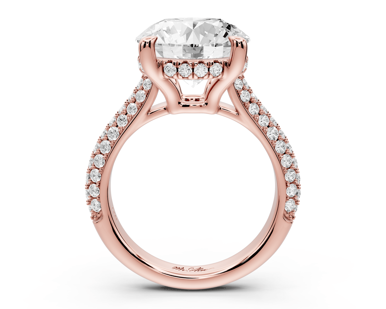 Camille - 5ct 18k rose gold round Diamond hidden halo rollover pave cathedral engagment ring - Mr. Alex Jewelry