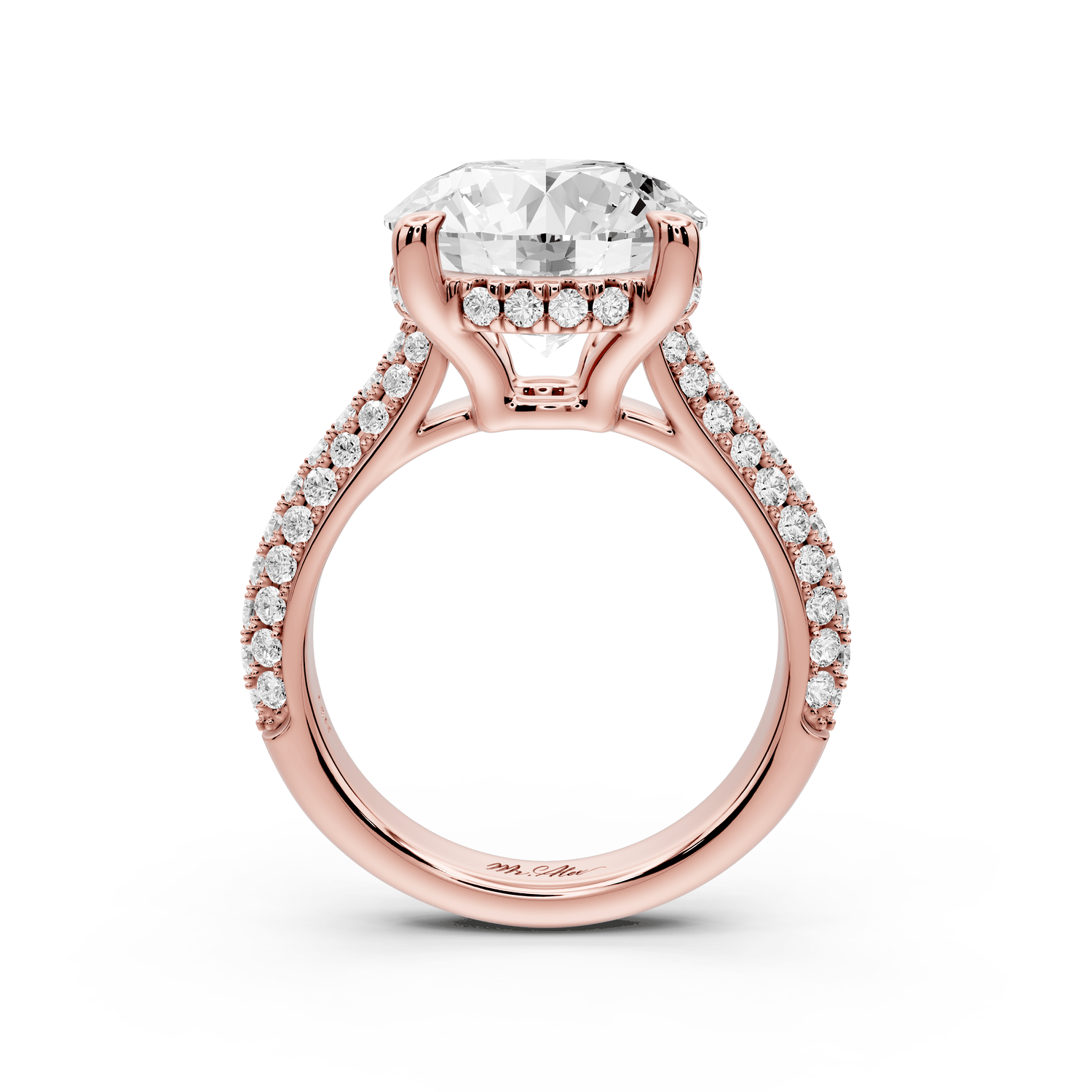 Camille - 5ct 18k rose gold round Diamond hidden halo rollover pave cathedral engagment ring - Mr. Alex Jewelry