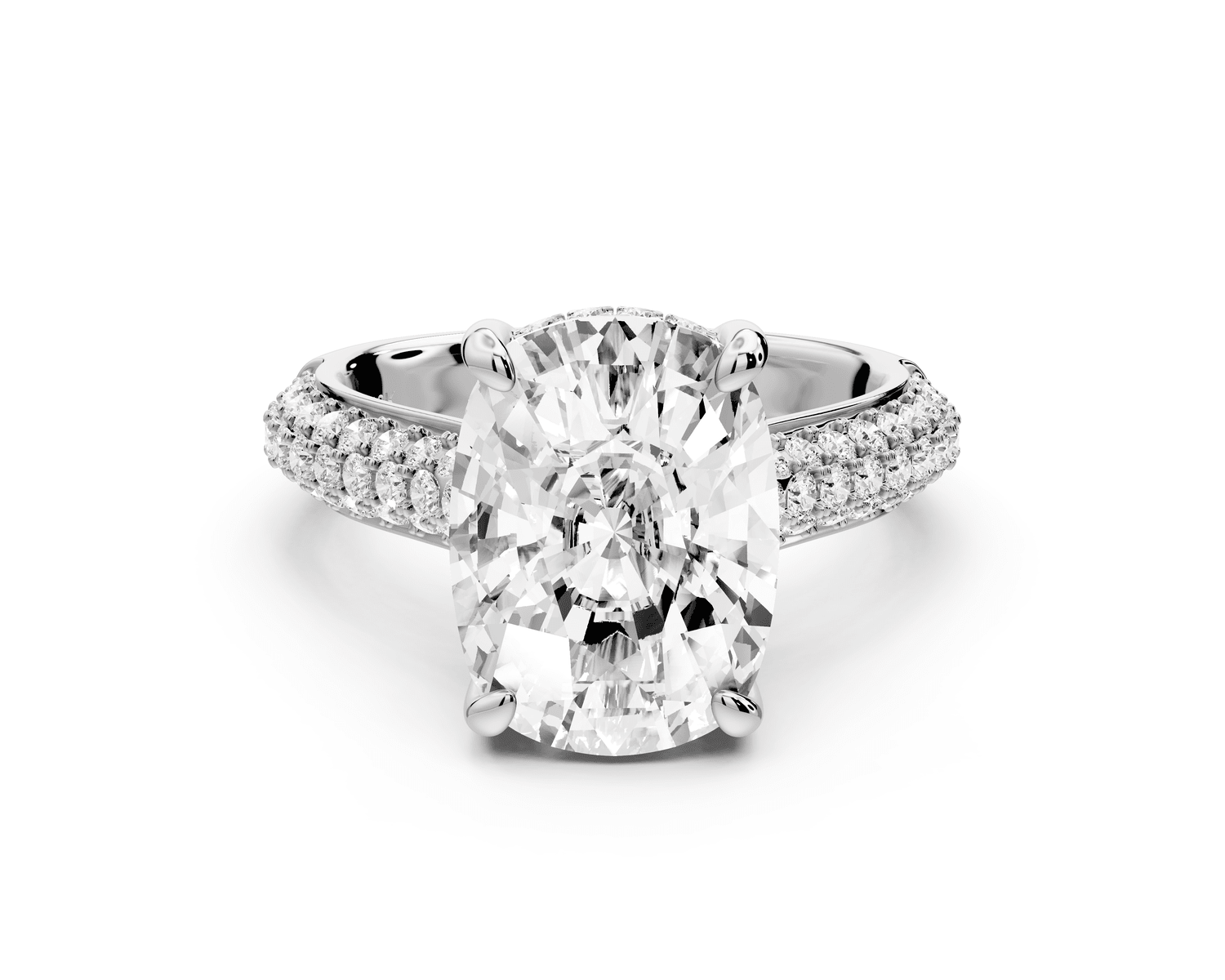 Camille - 5ct 18k white gold ecushion Diamond hidden halo rollover pave cathedral engagement ring - Mr. Alex Jewelry