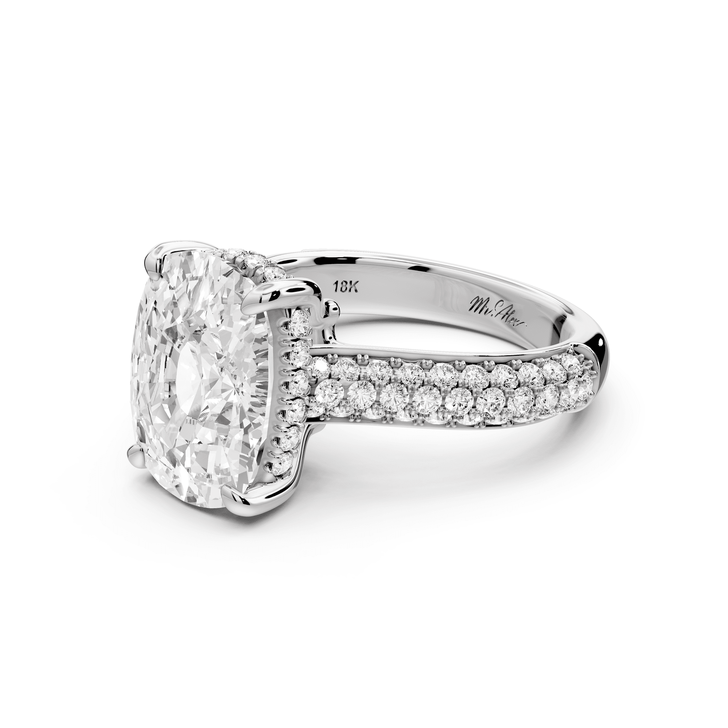 Camille - 5ct 18k white gold ecushion Diamond hidden halo rollover pave cathedral engagement ring - Mr. Alex Jewelry