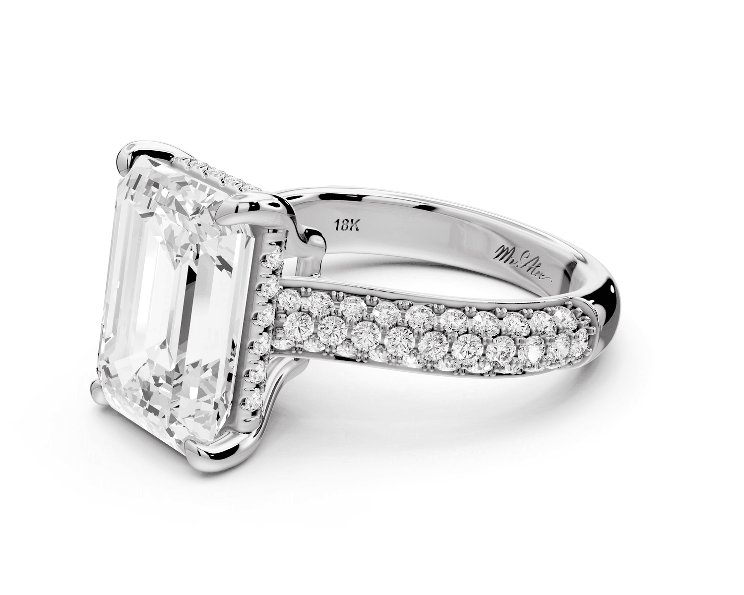 Camille - 5ct 18k white gold emerald Diamond hidden halo rollover pave cathedral Engagement ring - Mr. Alex Jewelry