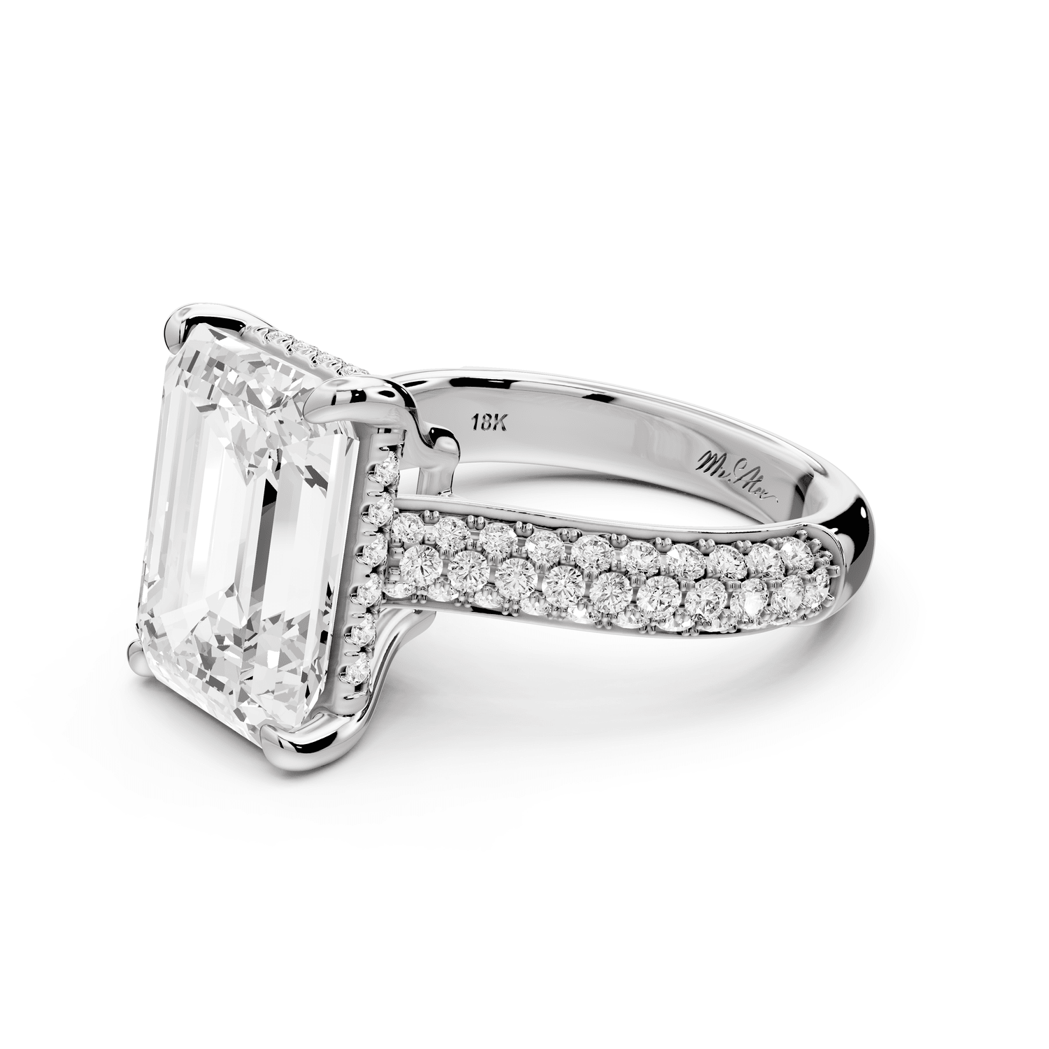 Camille - 5ct 18k white gold emerald Diamond hidden halo rollover pave cathedral Engagement ring - Mr. Alex Jewelry