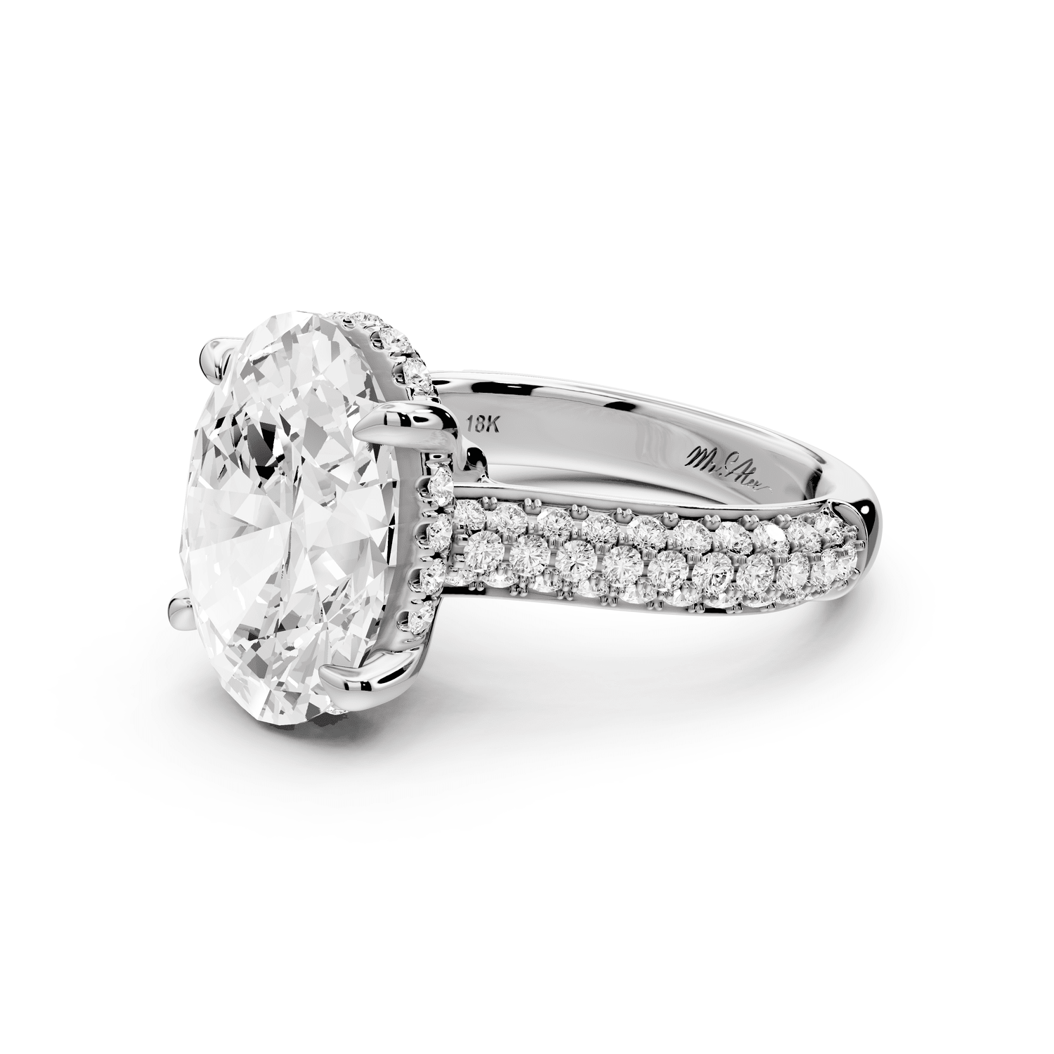 Camille - 5ct 18k white gold oval Diamond hidden halo rollover pave cathedral Engagement ring - Mr. Alex Jewelry