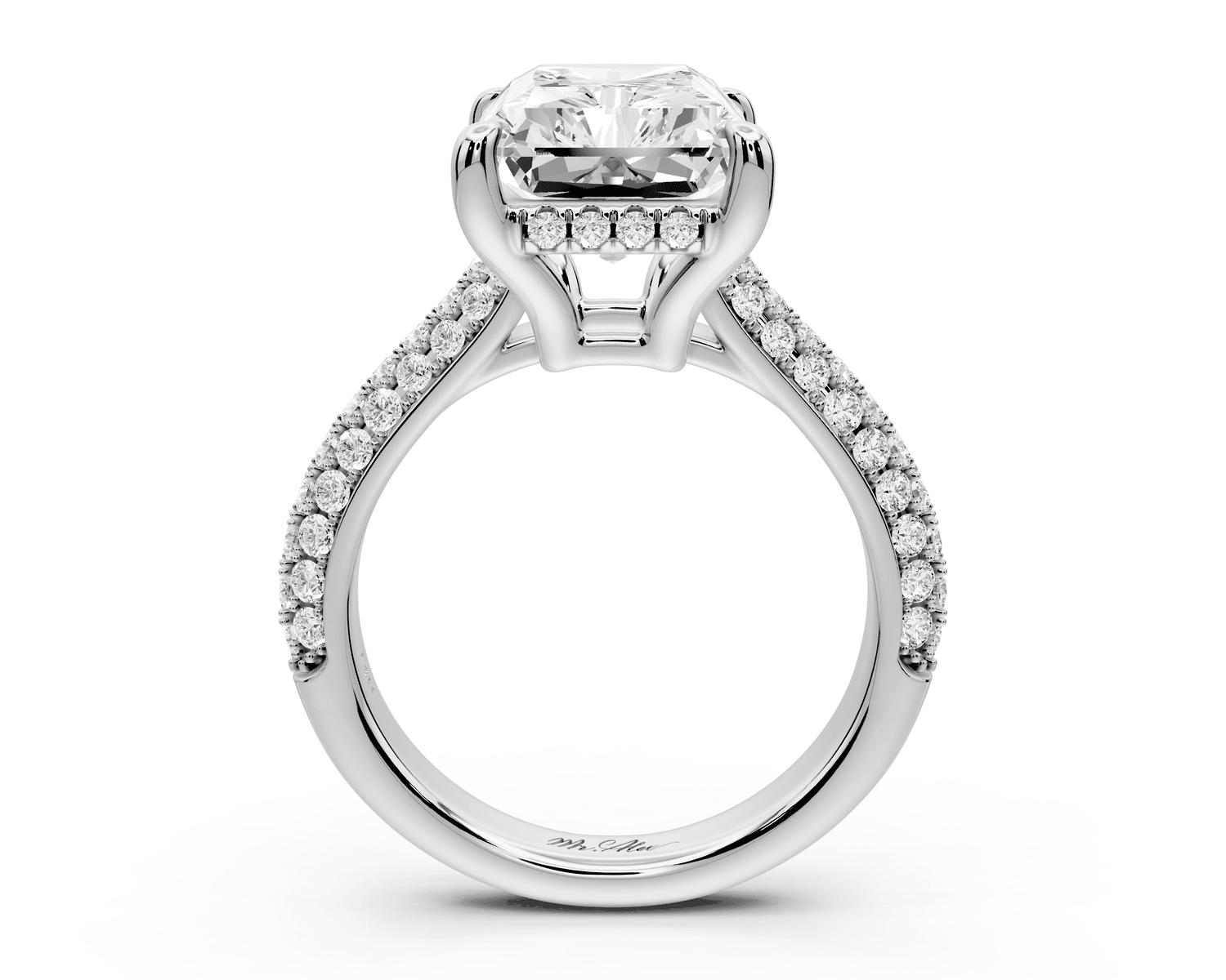 Camille - 5ct 18k white gold radiant Diamond hidden halo rollover pave cathedral engagement ring - Mr. Alex Jewelry