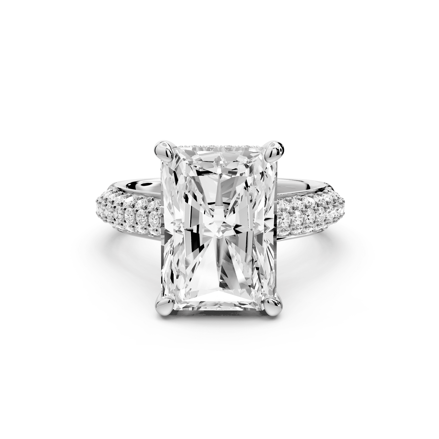 Camille - 5ct 18k white gold radiant Diamond hidden halo rollover pave cathedral engagement ring - Mr. Alex Jewelry
