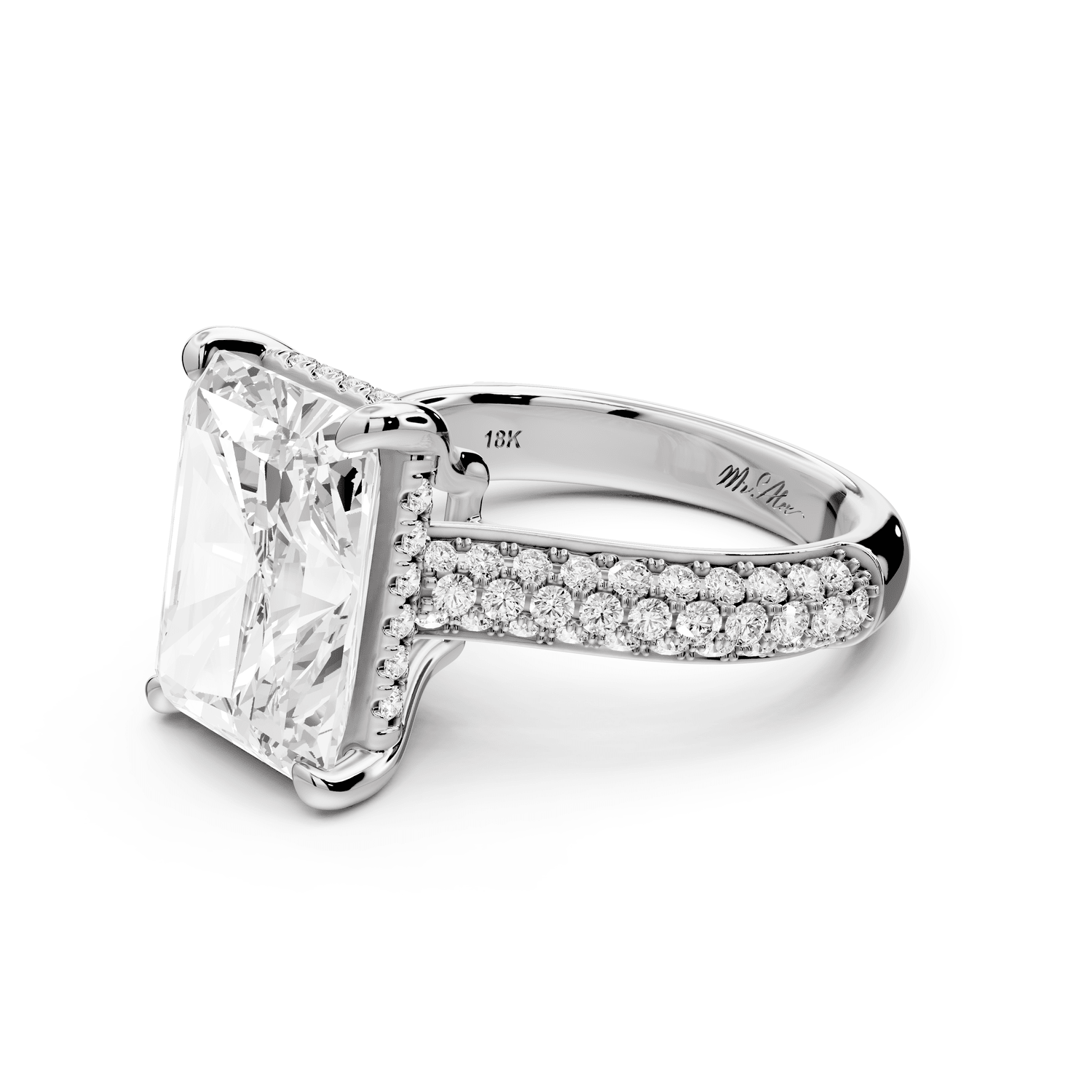 Camille - 5ct 18k white gold radiant Diamond hidden halo rollover pave cathedral engagement ring - Mr. Alex Jewelry